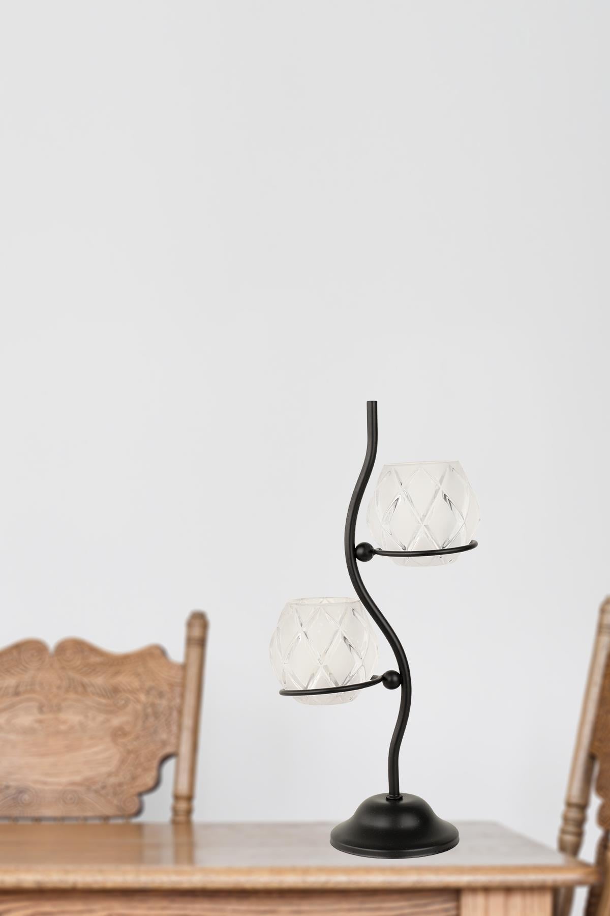 Solis 2.li Camlı Tealight Mumluk Siyah