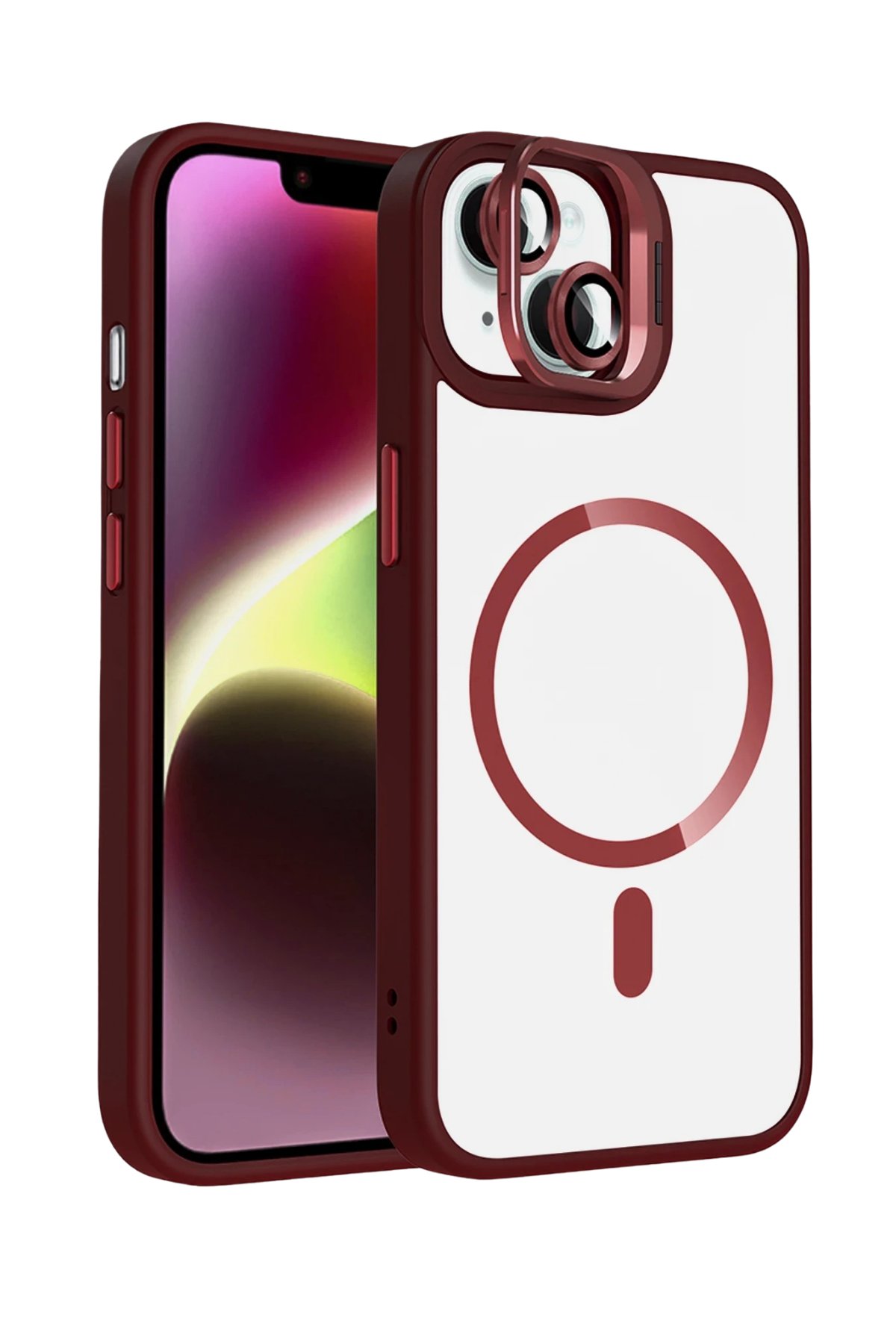 MAGSAFE KILIFLARJOKORMMLNSL30Apple iPhone 13 / iPhone 14 Remim Lensli MagSafe Standlı Darbe Korumalı Kılıf – Bordo