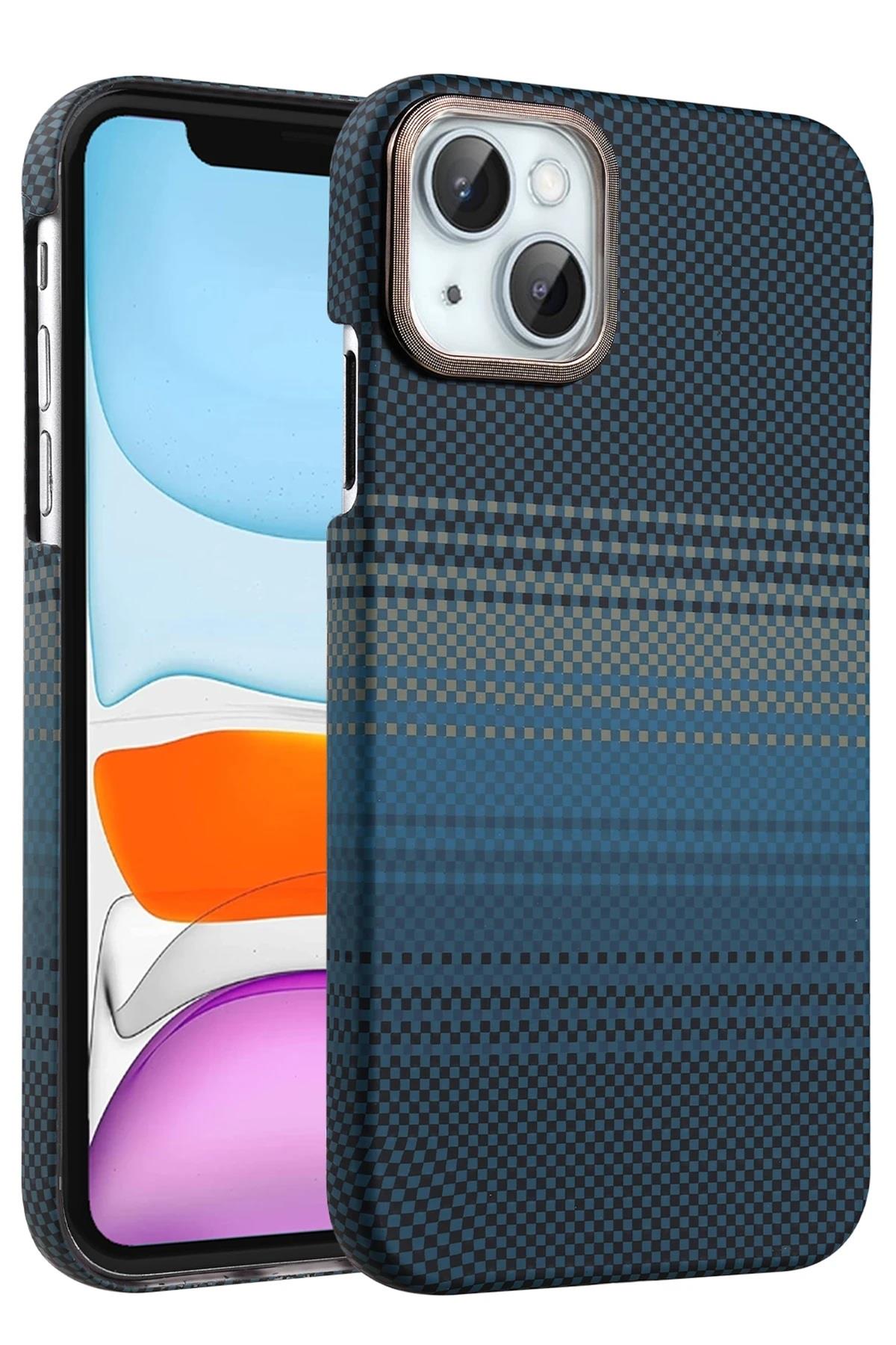 MAGSAFE KILIFLARNEWFACEVGKRBN04Apple iPhone 13 / iPhone 14 Vega Karbon Magsafe Kapak - Mavi