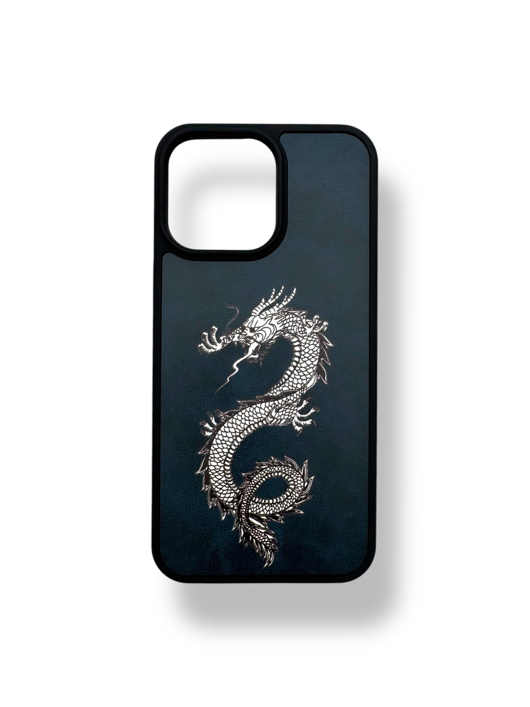 DERİ BASKI KILIFLARDIVERSECASEDRBSK08Apple Iphone 14 Pro Deri Ejderha Baskı Kılıf - Lacivert