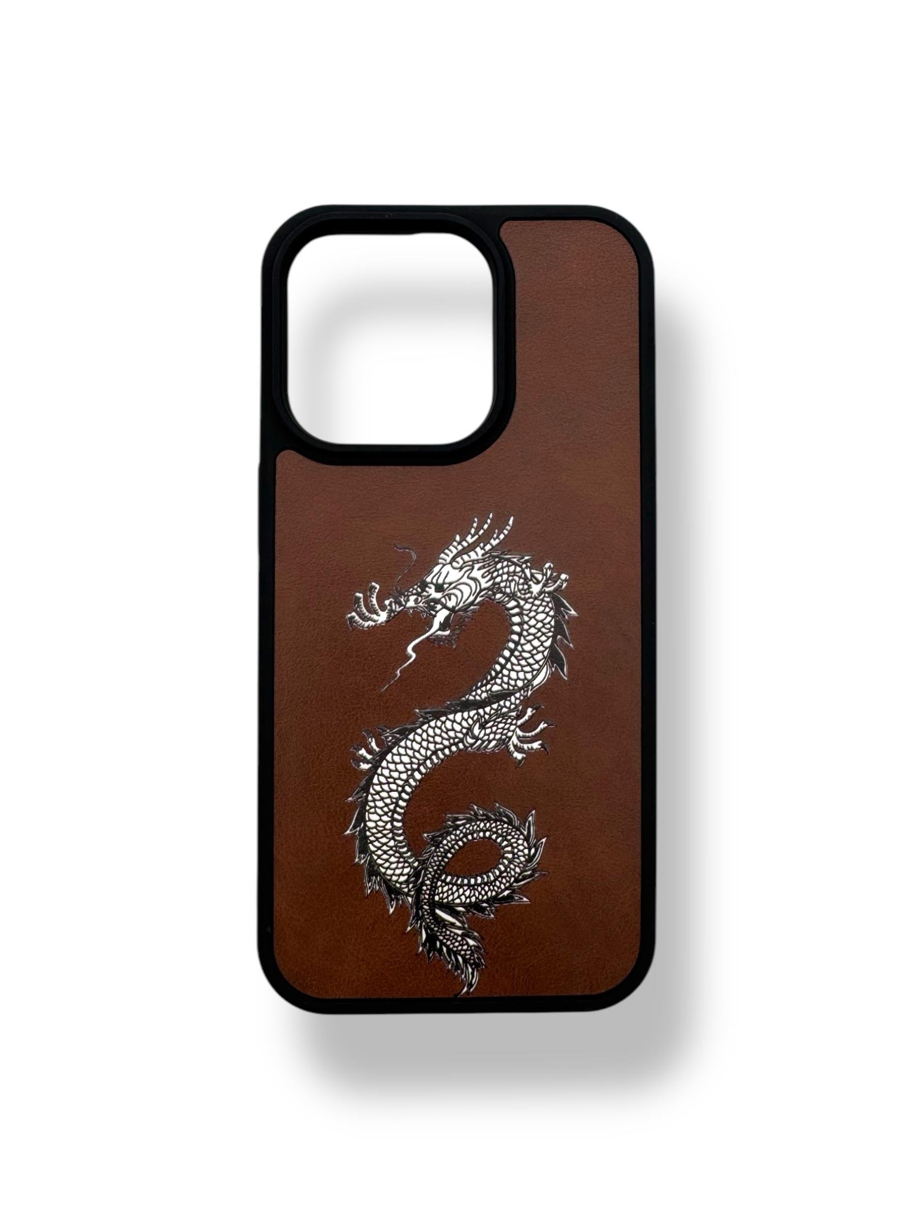 DERİ BASKI KILIFLARDIVERSECASEDRBSK06Apple Iphone 14 Pro Deri Ejderha Baskı Kılıf - Kahverengi