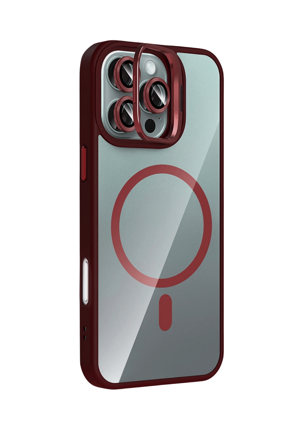 MAGSAFE KILIFLARJOKORMMLNSL19Apple iPhone 14 Pro Max Remim Lensli MagSafe Standlı Darbe Korumalı Kılıf – Bordo