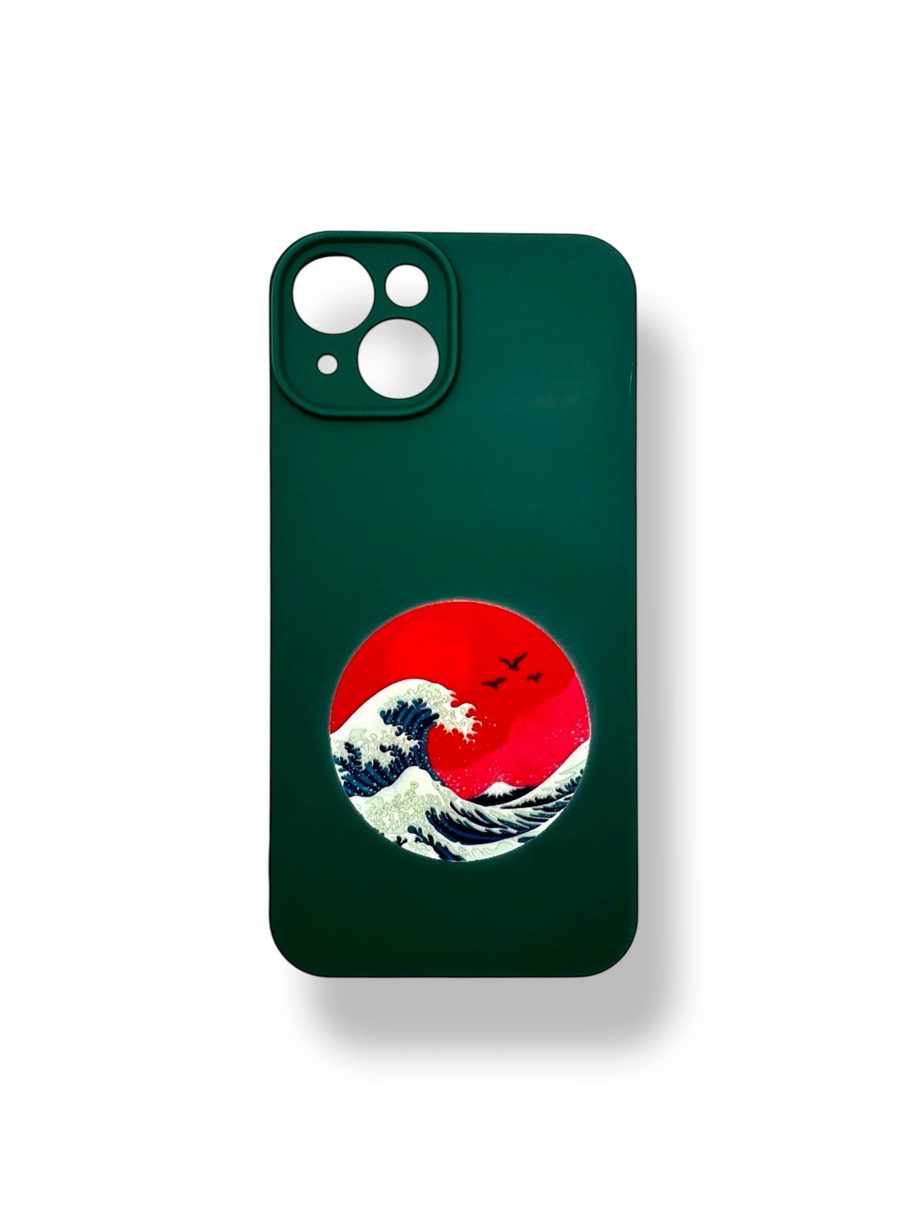 SİLİKON BASKI KILIFLARDIVERSECASESLKN18Apple Iphone 14 Silikon Kanagawa Dalga Baskı Kılıf - Koyu Yeşil