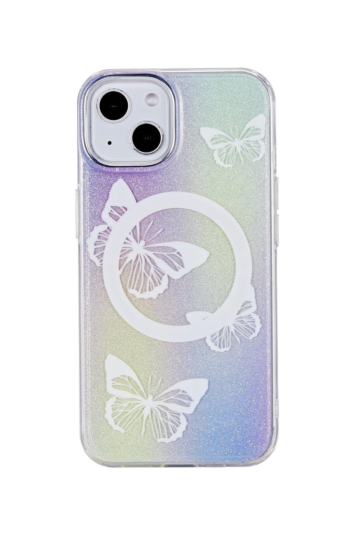 MAGSAFE KILIFLARJOKOTNY09Apple iPhone 14 Tanya Magsafe Kapak - Simli Kelebek Desen