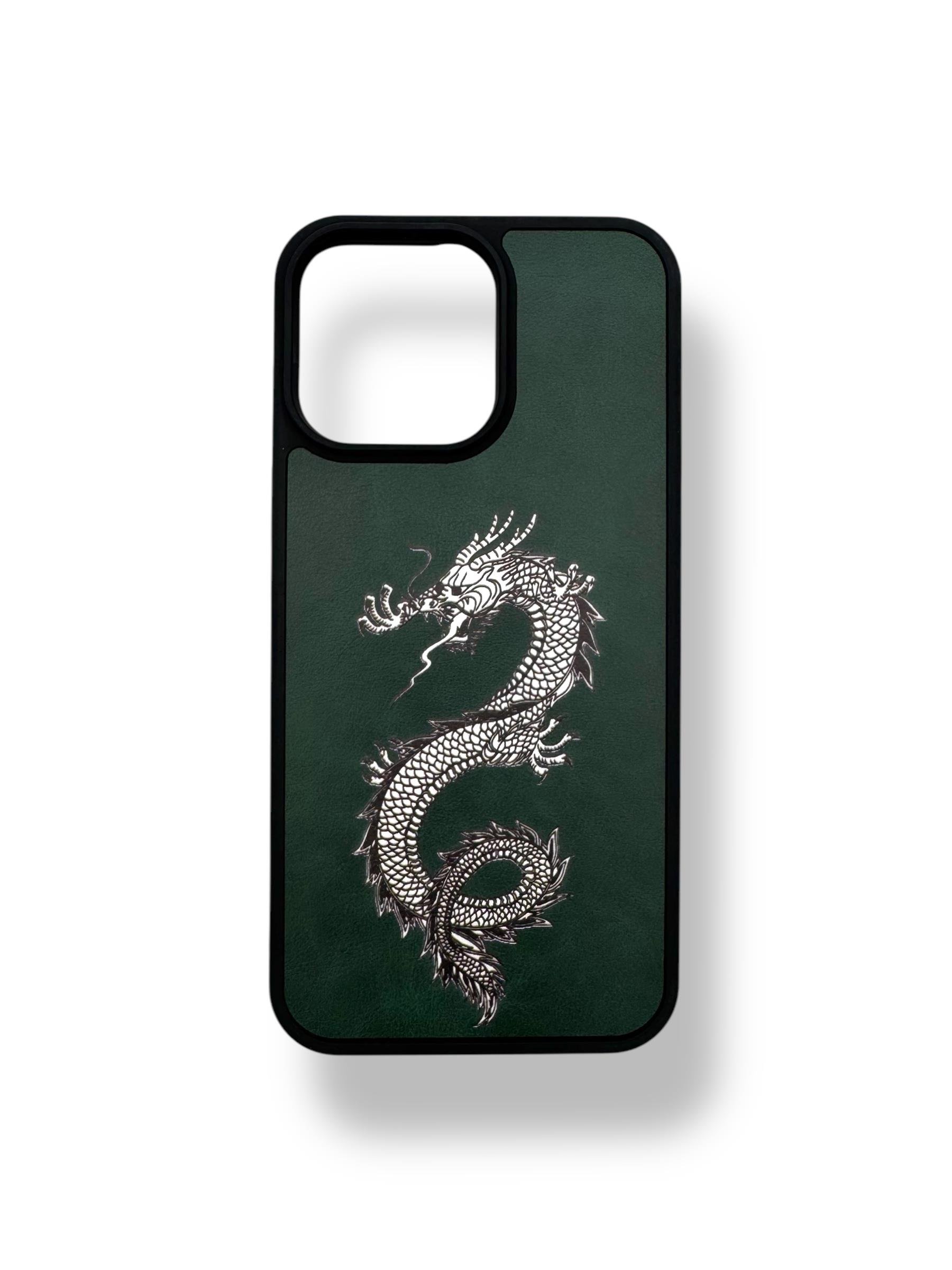 DERİ BASKI KILIFLARDIVERSECASEDRBSK01Apple Iphone 15 Pro Max Deri Ejderha Baskı Kılıf - Yeşil