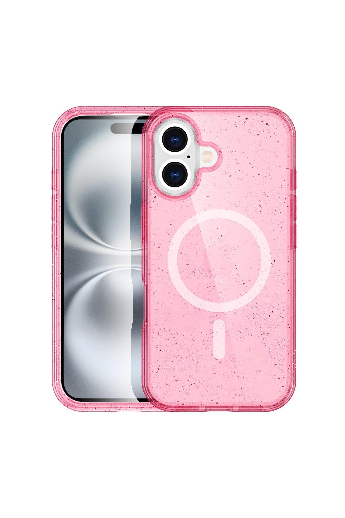 MAGSAFE KILIFLARNEWFACEGLW21Apple iPhone 16 Plus Kılıf Glow Magsafe Kapak - Simli Pembe
