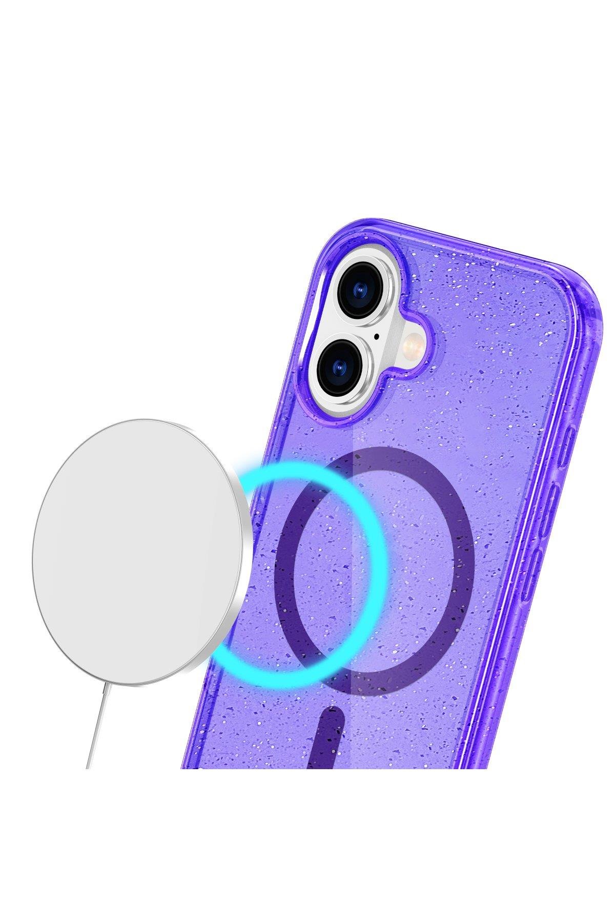 MAGSAFE KILIFLARNEWFACEGLW19Apple iPhone 16 Plus Kılıf Glow Magsafe Kapak - Simli Mor