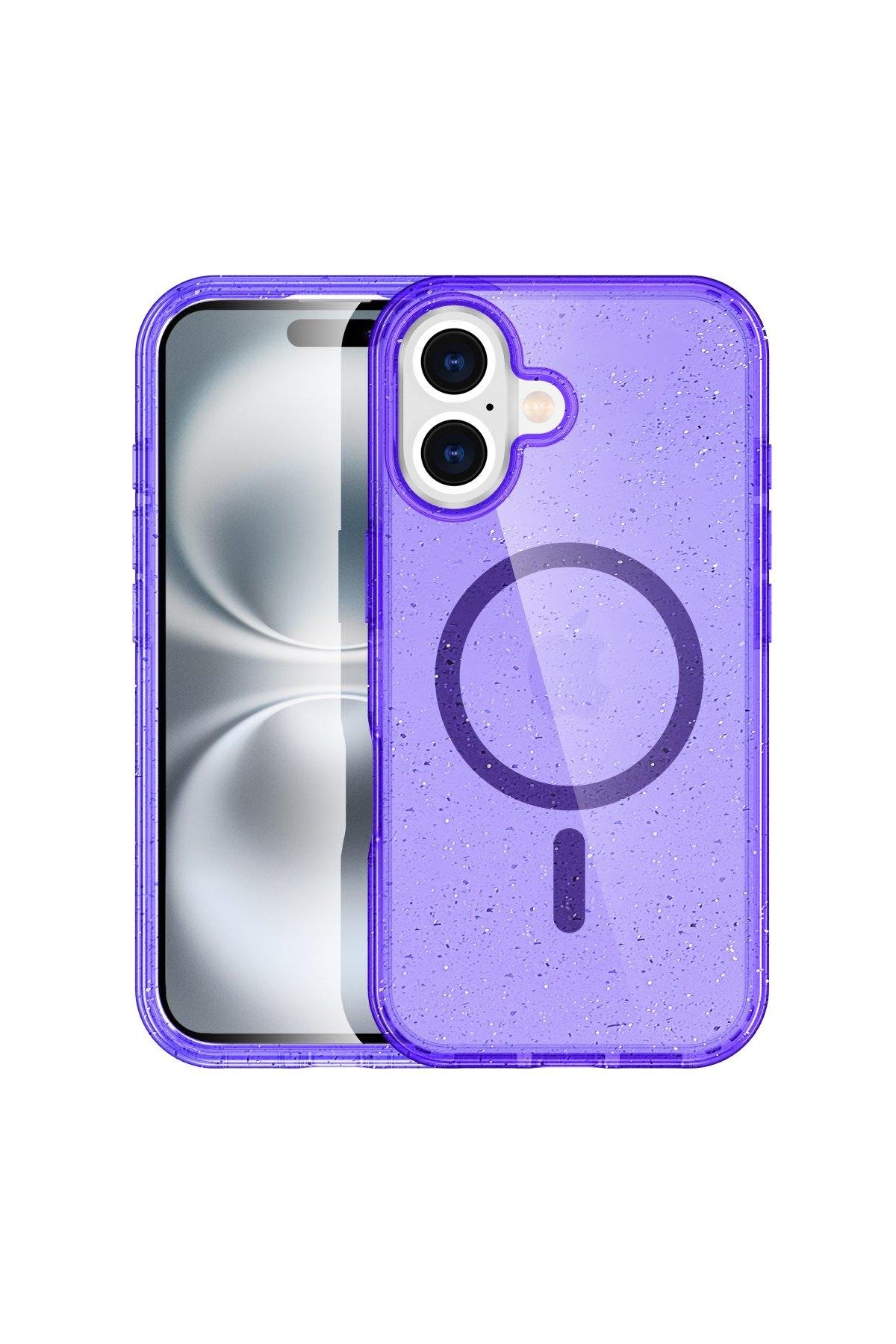 MAGSAFE KILIFLARNEWFACEGLW19Apple iPhone 16 Plus Kılıf Glow Magsafe Kapak - Simli Mor