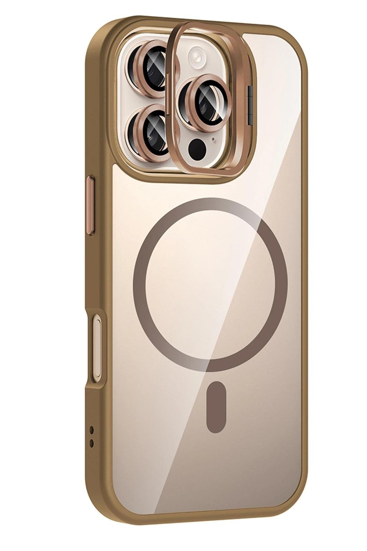 MAGSAFE KILIFLARJOKORMMLNSL05Apple iPhone 16 Pro Max Remim Lensli MagSafe Standlı Darbe Korumalı Kılıf – Çöl Titanyum