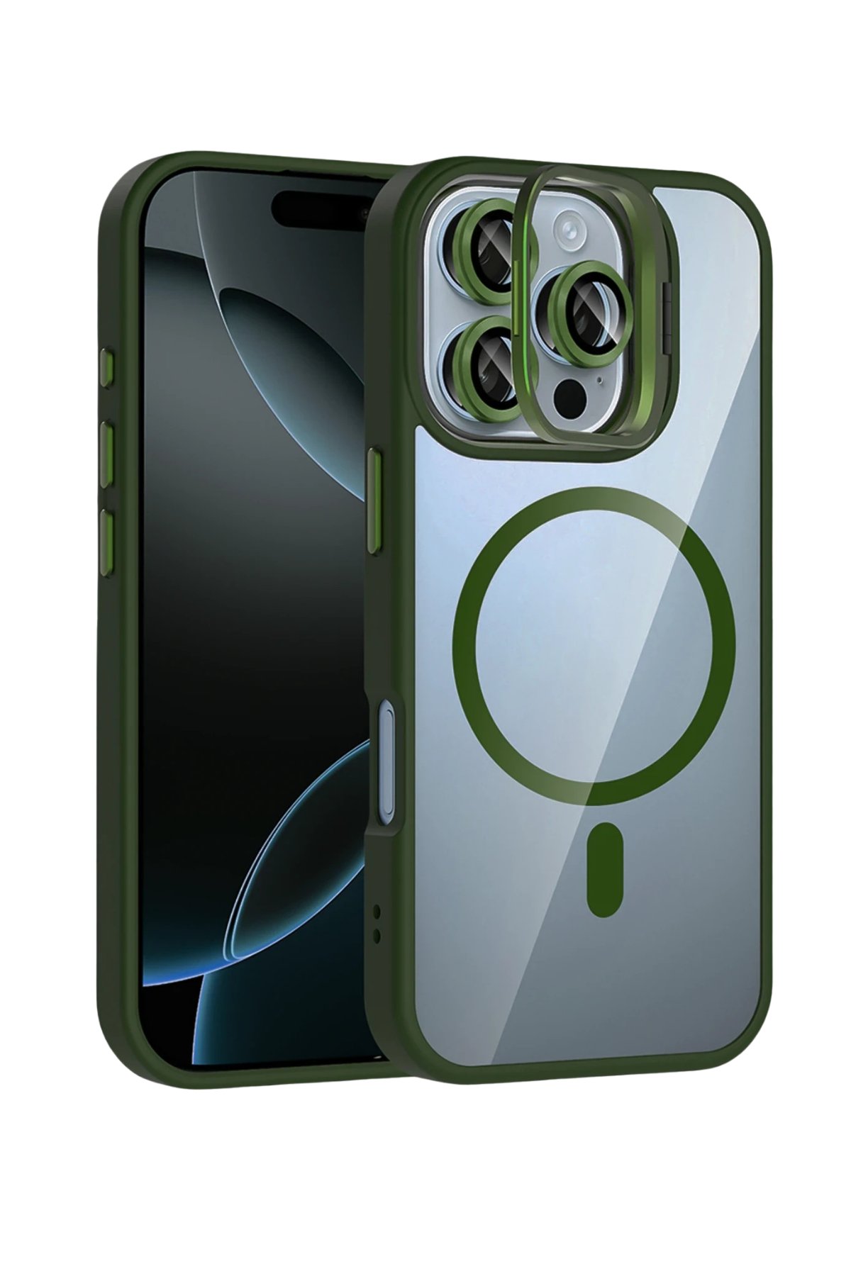 MAGSAFE KILIFLARJOKORMMLNSL10Apple iPhone 16 Pro Remim Lensli MagSafe Standlı Darbe Korumalı Kılıf – Koyu Yeşil