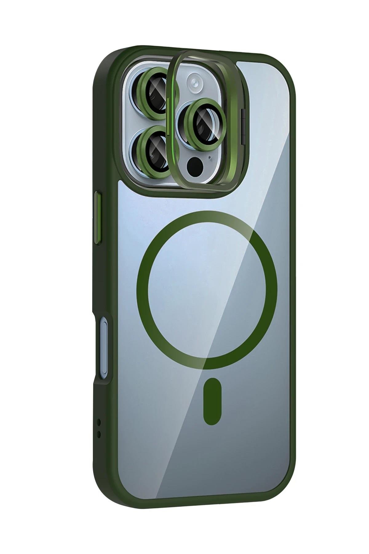 MAGSAFE KILIFLARJOKORMMLNSL10Apple iPhone 16 Pro Remim Lensli MagSafe Standlı Darbe Korumalı Kılıf – Koyu Yeşil