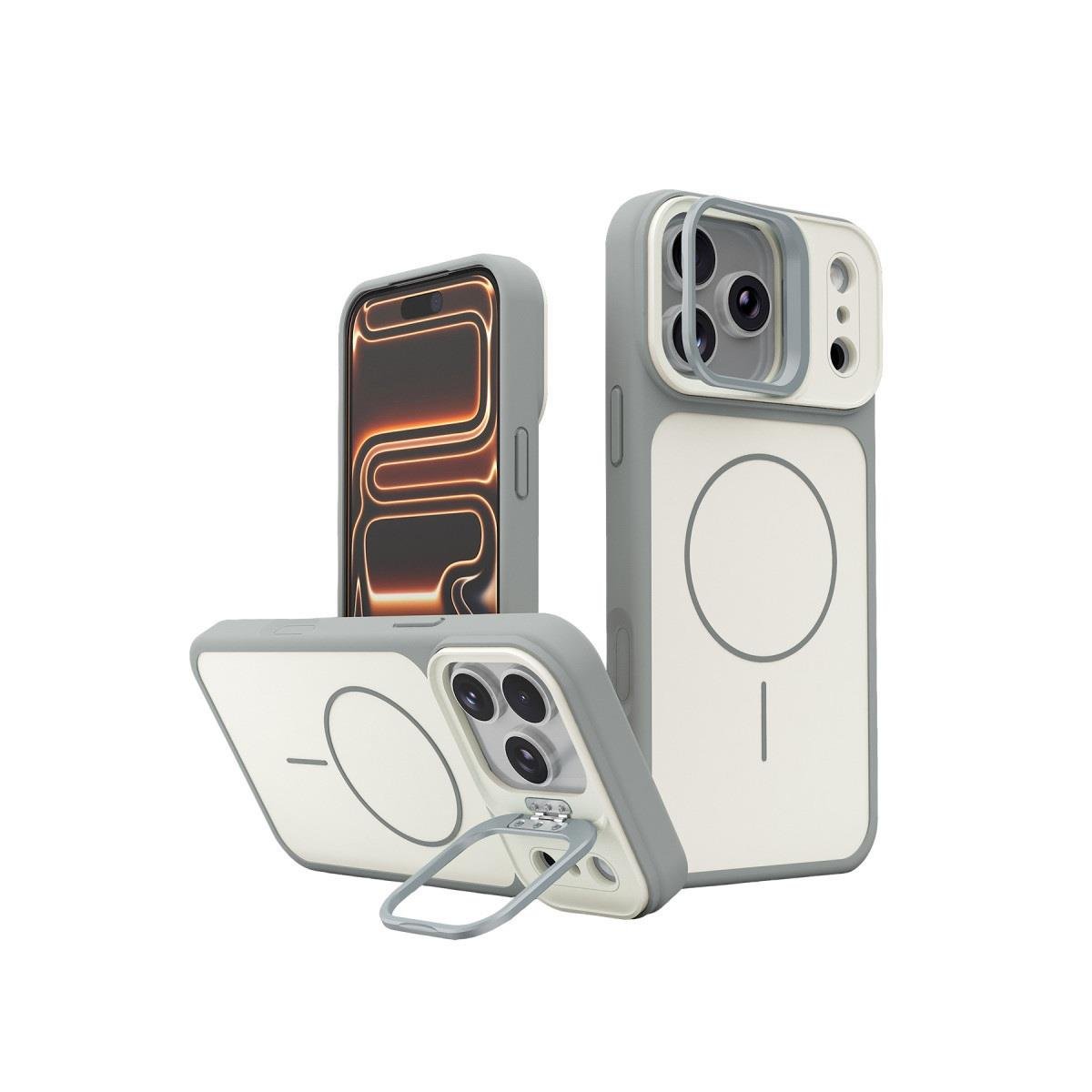 MAGSAFE KILIFLARNEWFACEPLMGSF09Apple iPhone 17 Pro Max Pale MagSafe Manyetik Kickstand, Darbe Koruma, Şeffaf Premium Standlı Kılıf – Beyaz-Gri