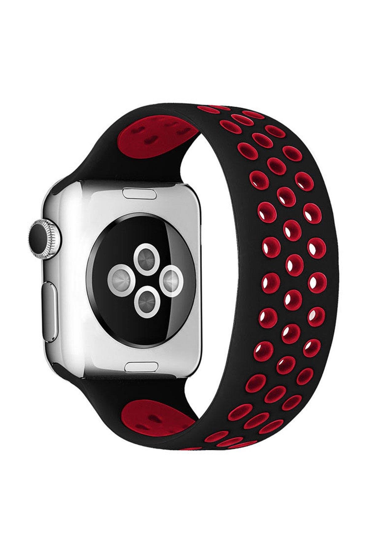 SİLİKON KORDONLARNEWFACEDLKL07Apple Watch 38mm/40mm/41mm Ayarlı Delikli Silikon Kordon - Siyah-Kırmızı