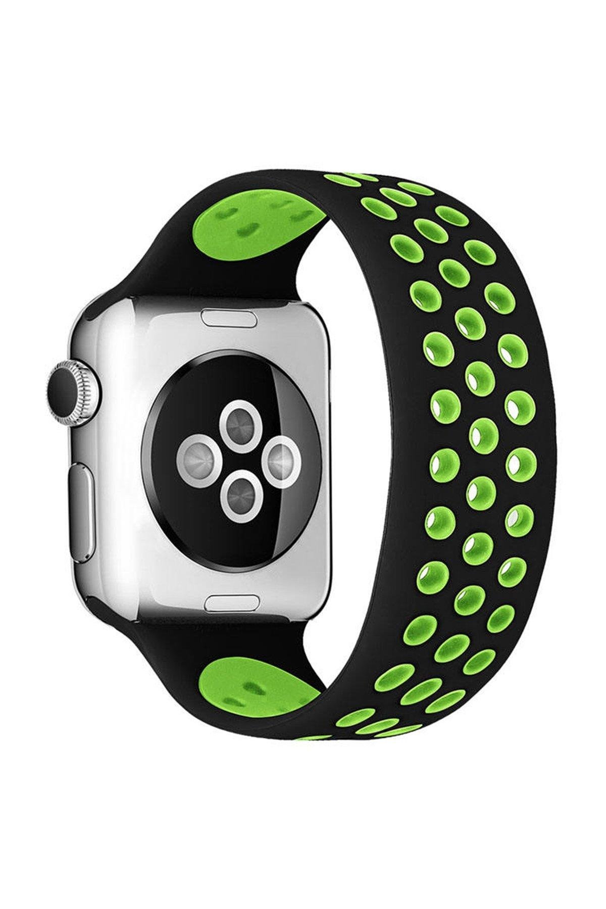 SİLİKON KORDONLARNEWFACEDLKL04Apple Watch 38mm/40mm/41mm Ayarlı Delikli Silikon Kordon - Siyah-Yeşil