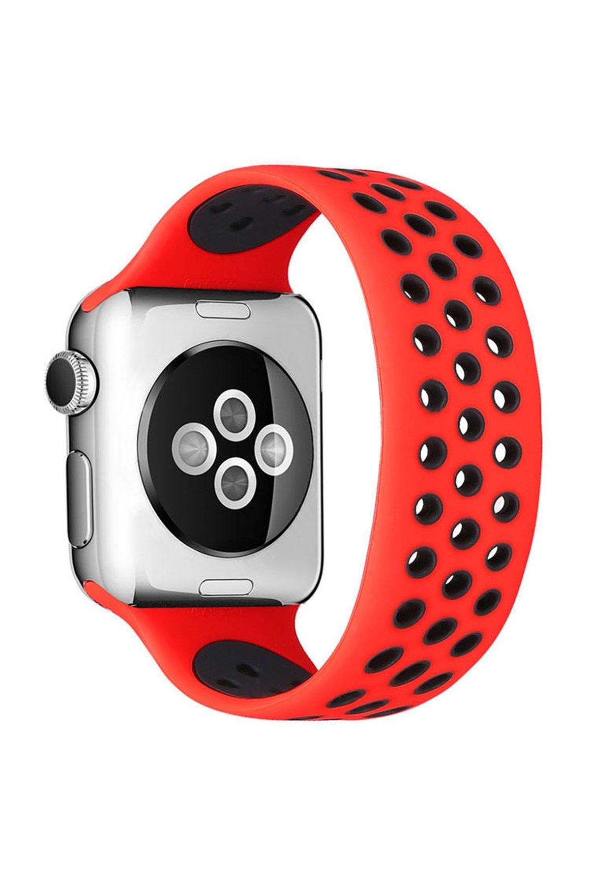 SİLİKON KORDONLARNEWFACEDLKL05Apple Watch 38mm/40mm/41mmAyarlı Delikli Silikon Kordon - Kırmızı-Siyah