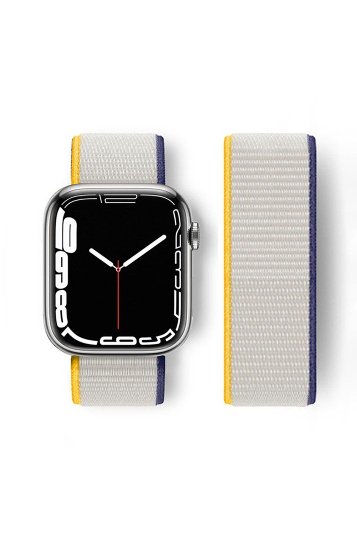 HASIR BEZ KORDONLARNEWFACEHSR19Apple Watch 42mm / 44mm / 45mm / 46mm / 49mm Hasırlı Cırtcırtlı Kordon - Sarı-Beyaz