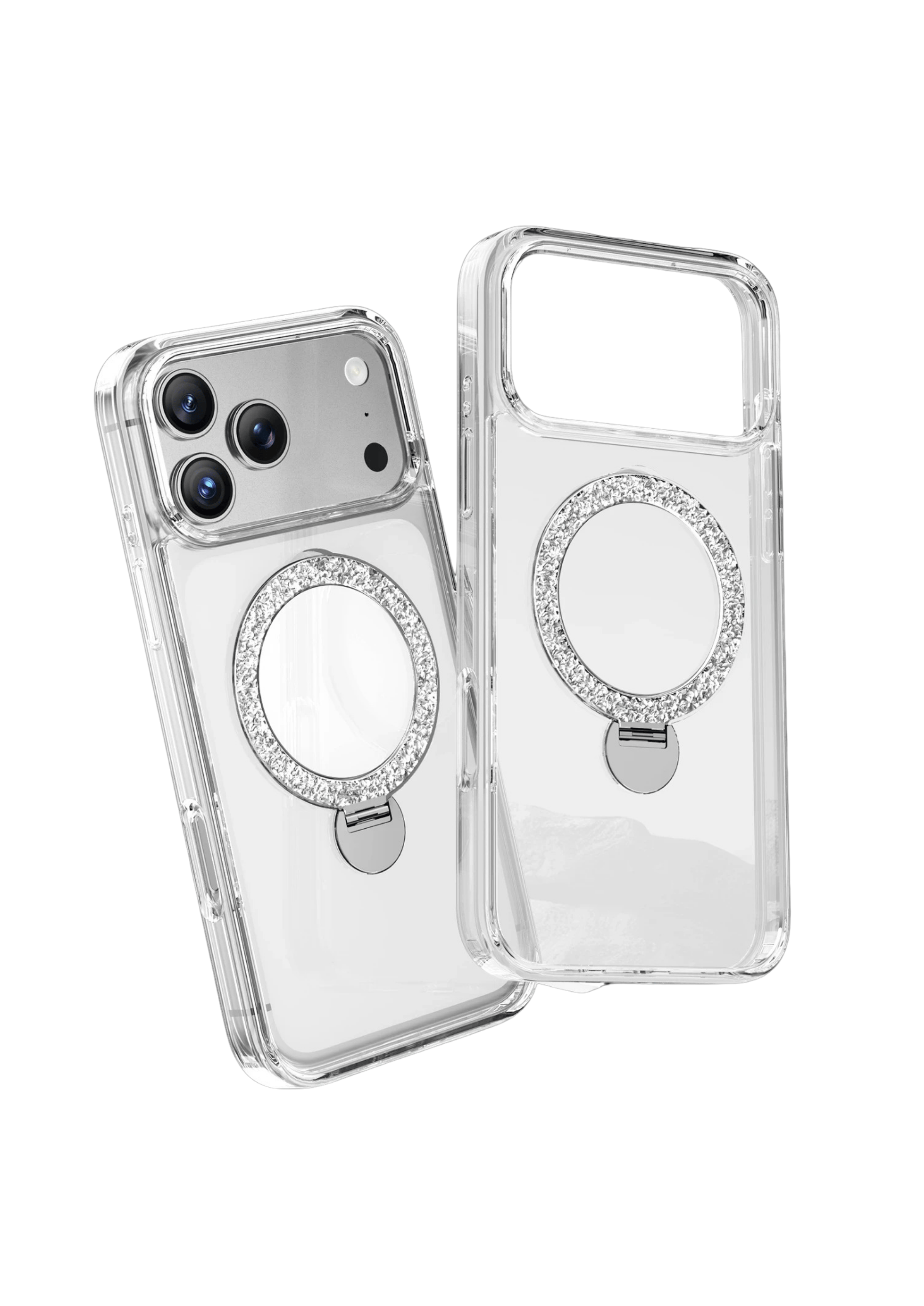 KEEPHONE MARKA KILIFLARKEEPHONESHNRNG01Keephone iPhone 17 Pro MagSafe Uyumlu Crystal Taşlı 360° Standlı Telefon Kılıfı - Şeffaf