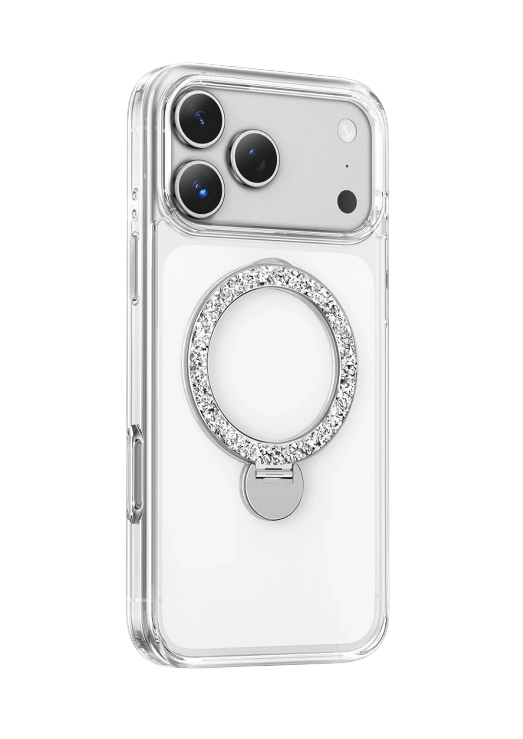 KEEPHONE MARKA KILIFLARKEEPHONESHNRNG02Keephone iPhone 17 Pro Max MagSafe Uyumlu Crystal Taşlı 360° Standlı Telefon Kılıfı - Şeffaf