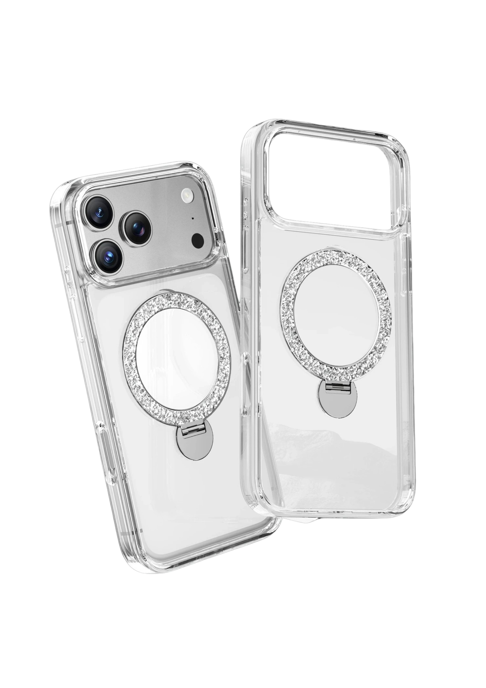 KEEPHONE MARKA KILIFLARKEEPHONESHNRNG02Keephone iPhone 17 Pro Max MagSafe Uyumlu Crystal Taşlı 360° Standlı Telefon Kılıfı - Şeffaf