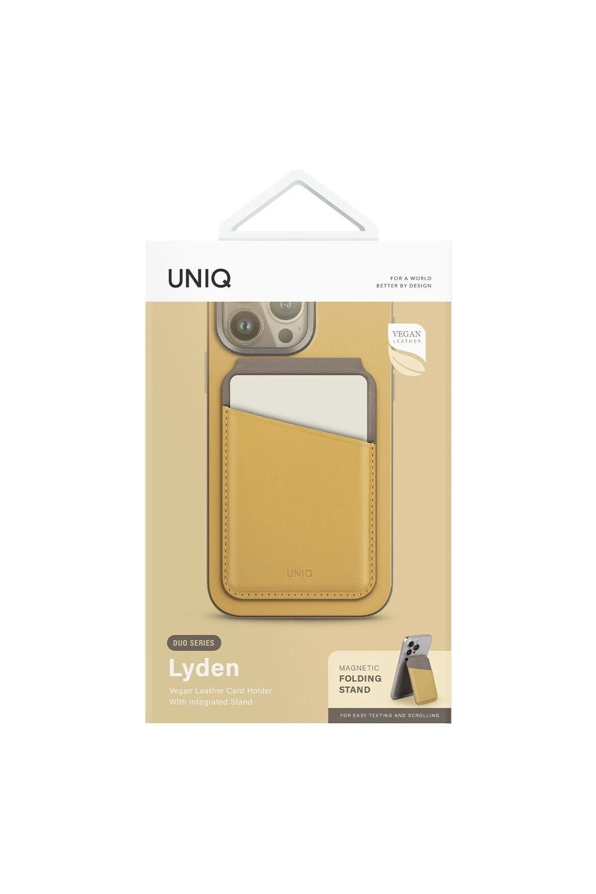 UNIQ MAGSAFE CÜZDANUNIQUNQ82Uniq Lyden DS RFID Block Manyetik Kartlıklı MagSafe Uyumlu Deri Stant – Sarı
