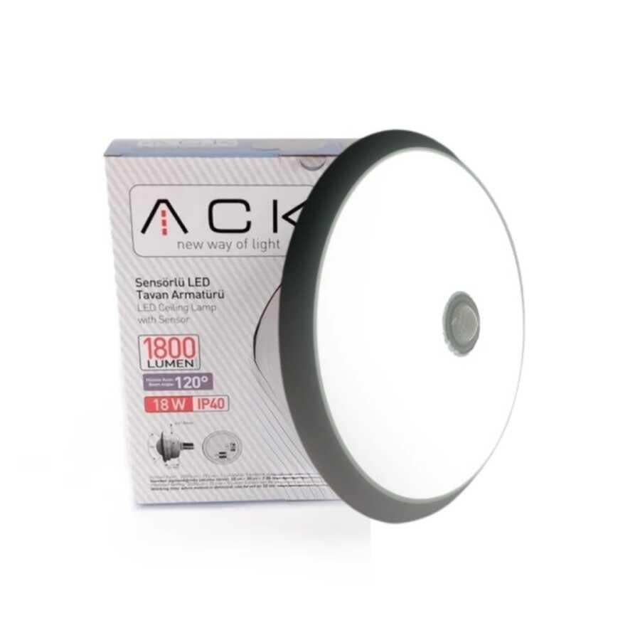 ACK AC17-00131 18W Sensörlü Led Tavan Armatürü Siyah Kasa 6500K Beyaz Işık