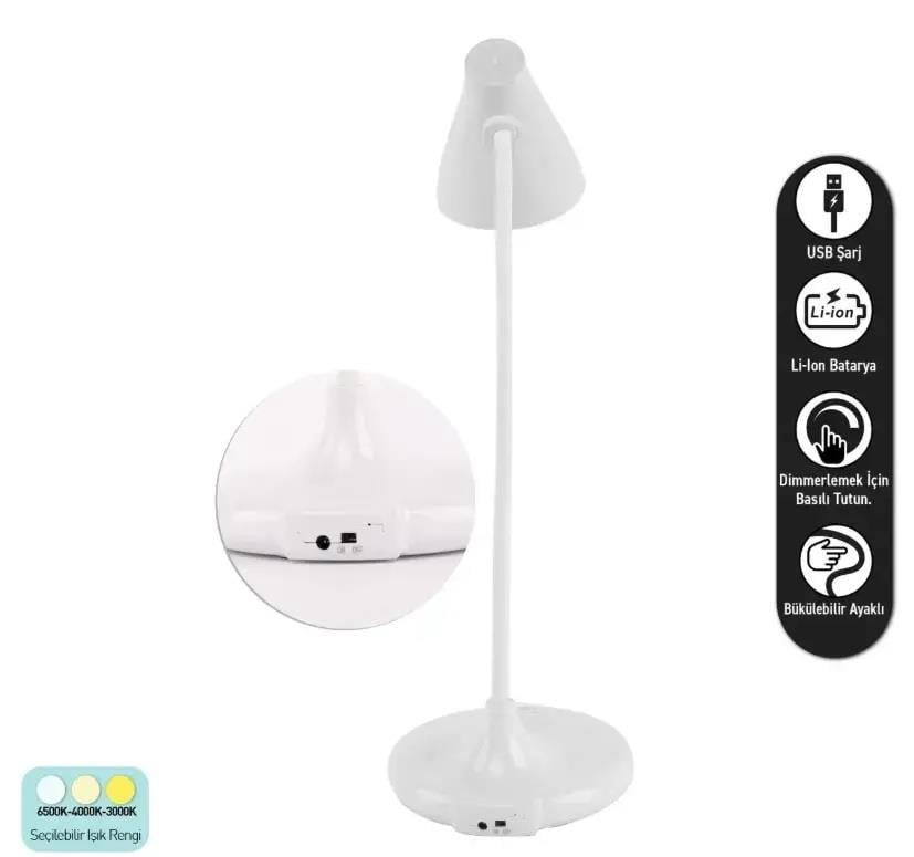 ACK AF11-10013 Led Masa Lambası Şarjlı Dimli Dokunmatik Beyaz Kasa