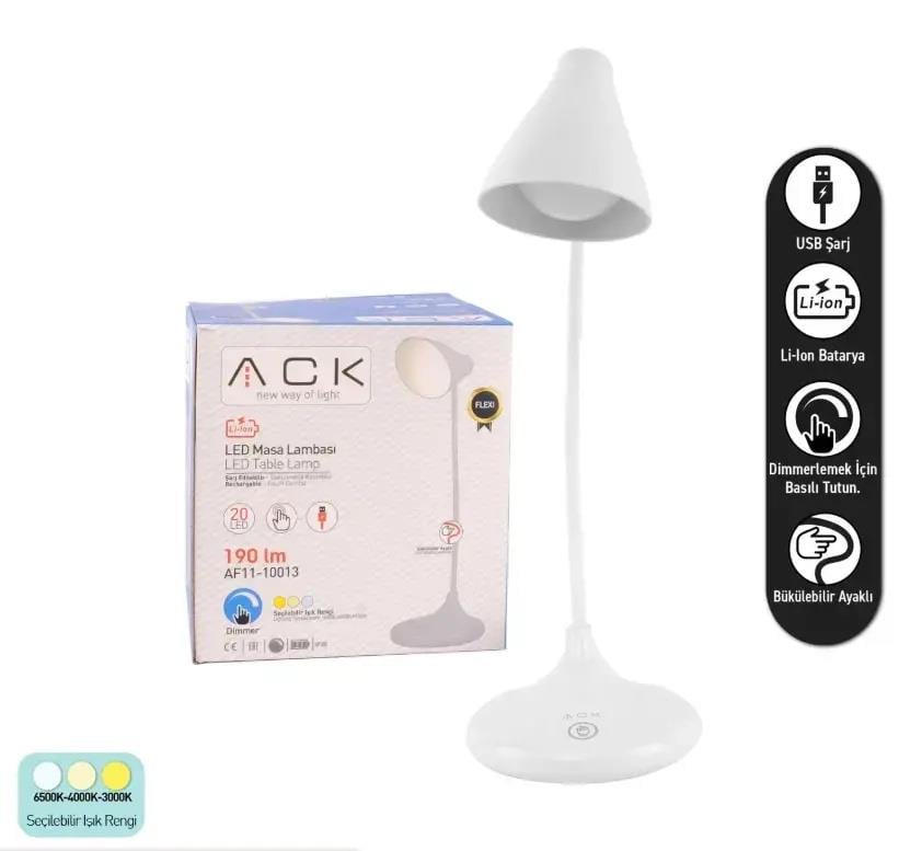ACK AF11-10013 Led Masa Lambası Şarjlı Dimli Dokunmatik Beyaz Kasa
