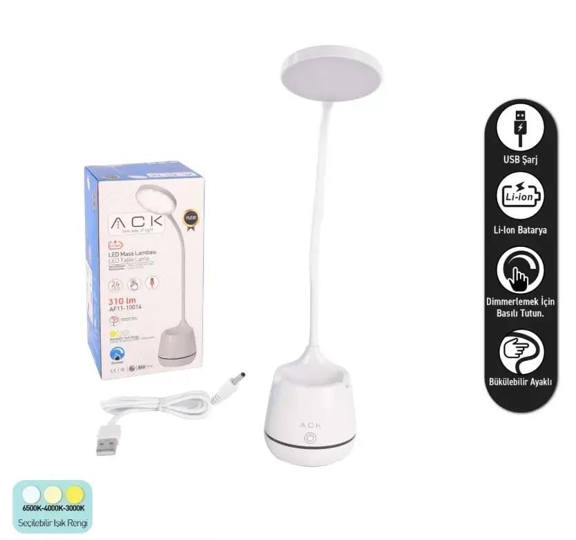 ACK AF11-10014 Led Masa Lambası Şarjlı Dimli Dokunmatik Beyaz Kasa