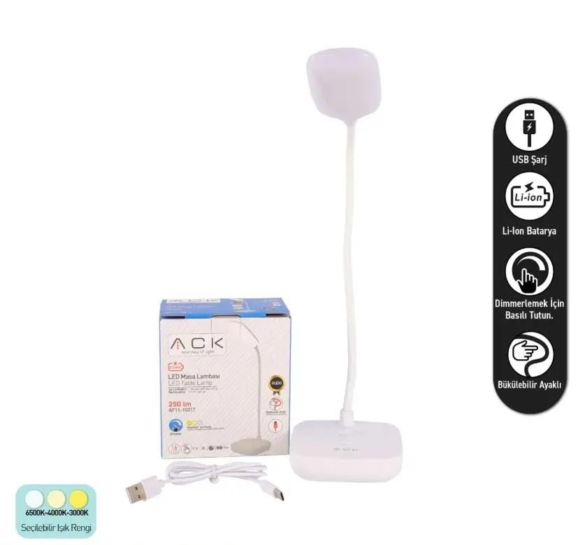ACK AF11-10017 Led Masa Lambası Şarjlı Dimli Dokunmatik Beyaz Kasa