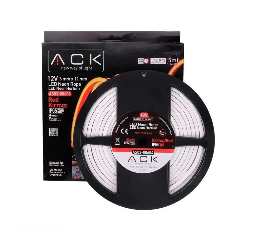 ACK AS03-00604 10W/mt 12V Neon Hortum Led Kırmızı Işık IP65