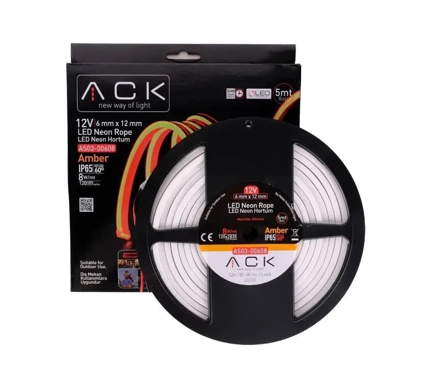 ACK AS03-00608 10W/mt 12V Neon Hortum Led Amber Işık IP65