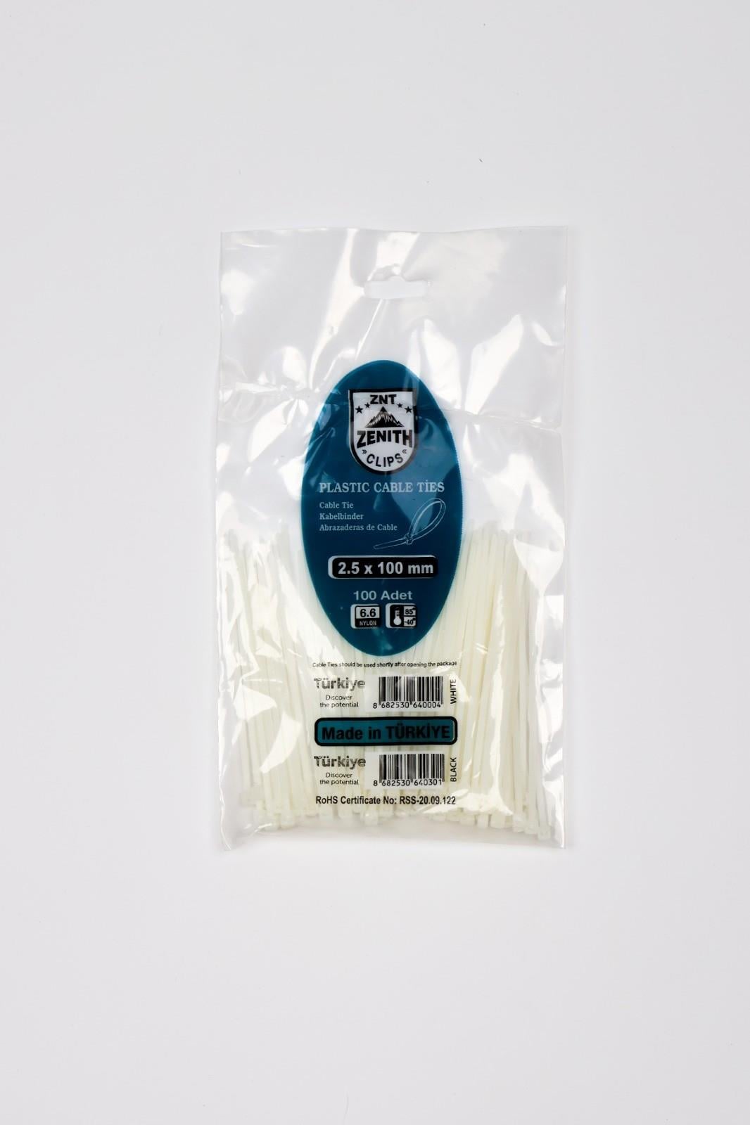 Zenith 2,5x100 Beyaz Kablo Bağı & Plastik Kelepçe & Cırt Kelepçe 100 Adet (paket)