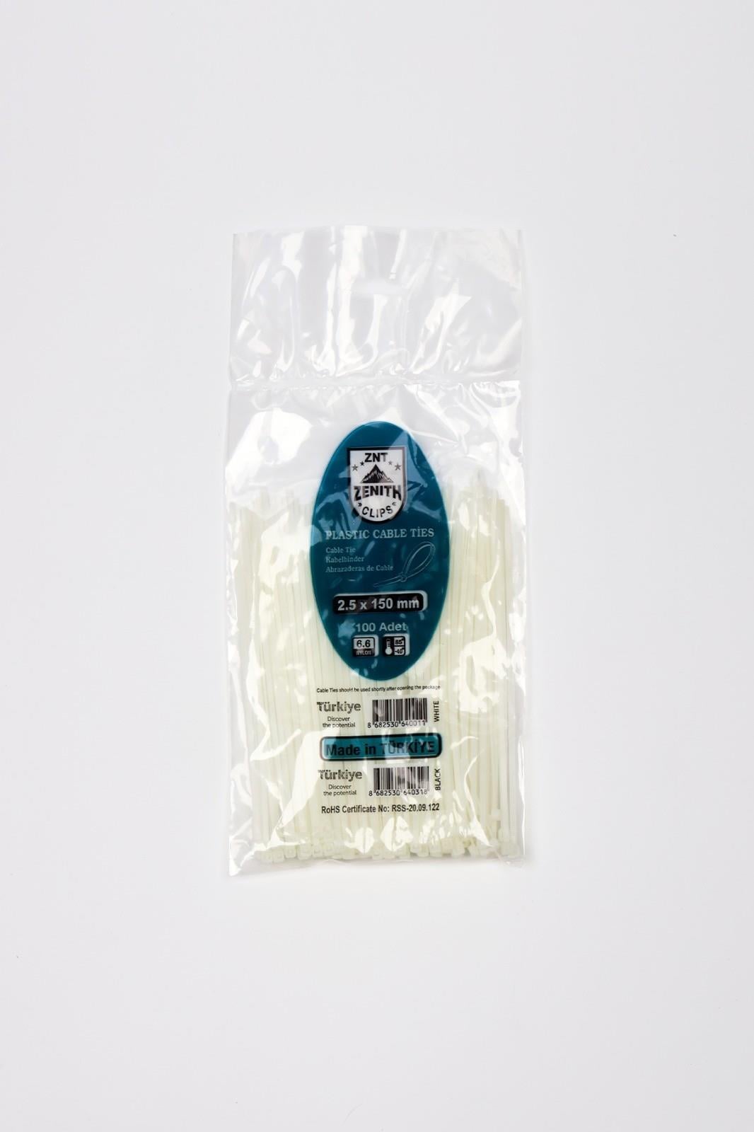 Zenith 2,5x150 Beyaz Kablo Bağı & Plastik Kelepçe & Cırt Kelepçe 100 Adet (paket)