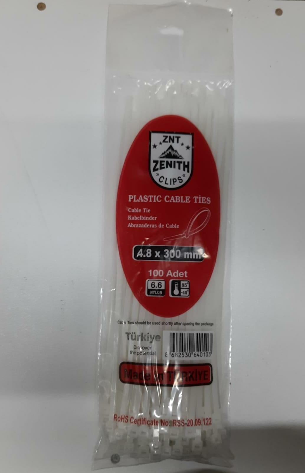 Zenith 4,8x300 Beyaz Kablo Bağı & Plastik Kelepçe & Cırt Kelepçe 100 Adet (paket)