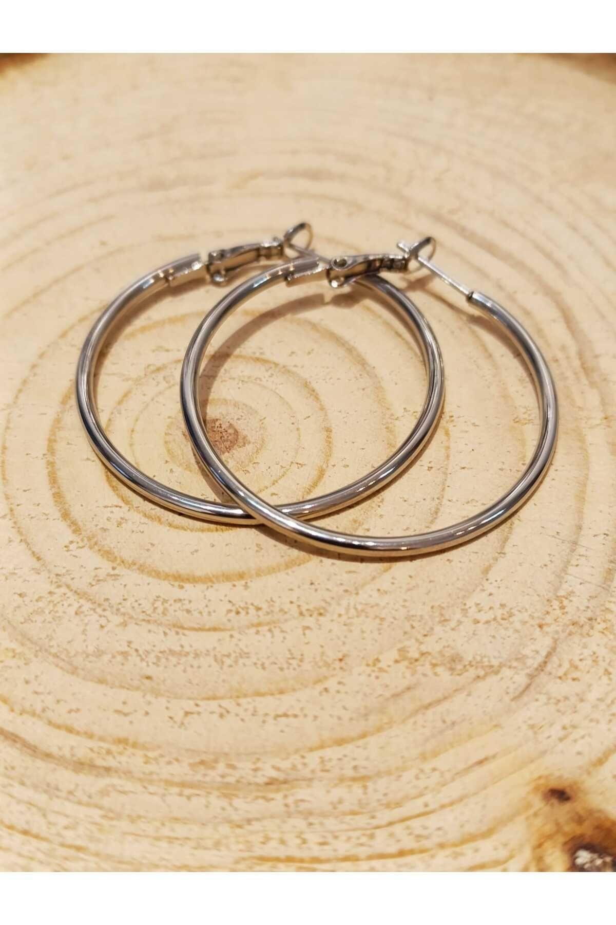 Çelik Gümüş Renk Halka Küpe 3.5 cm çaplı