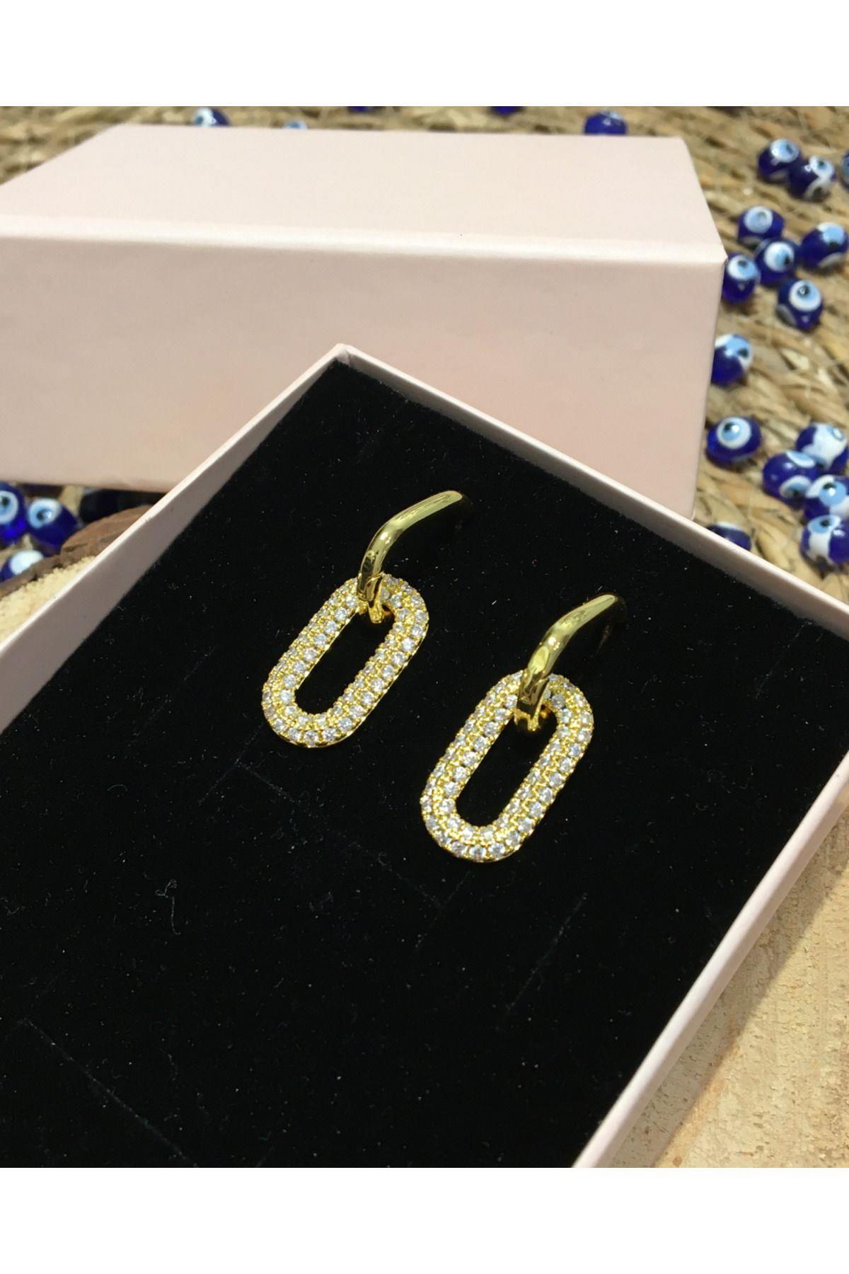 Çelik Zirkon Taşlı Sallantılı Oval Küpe Gold Renk