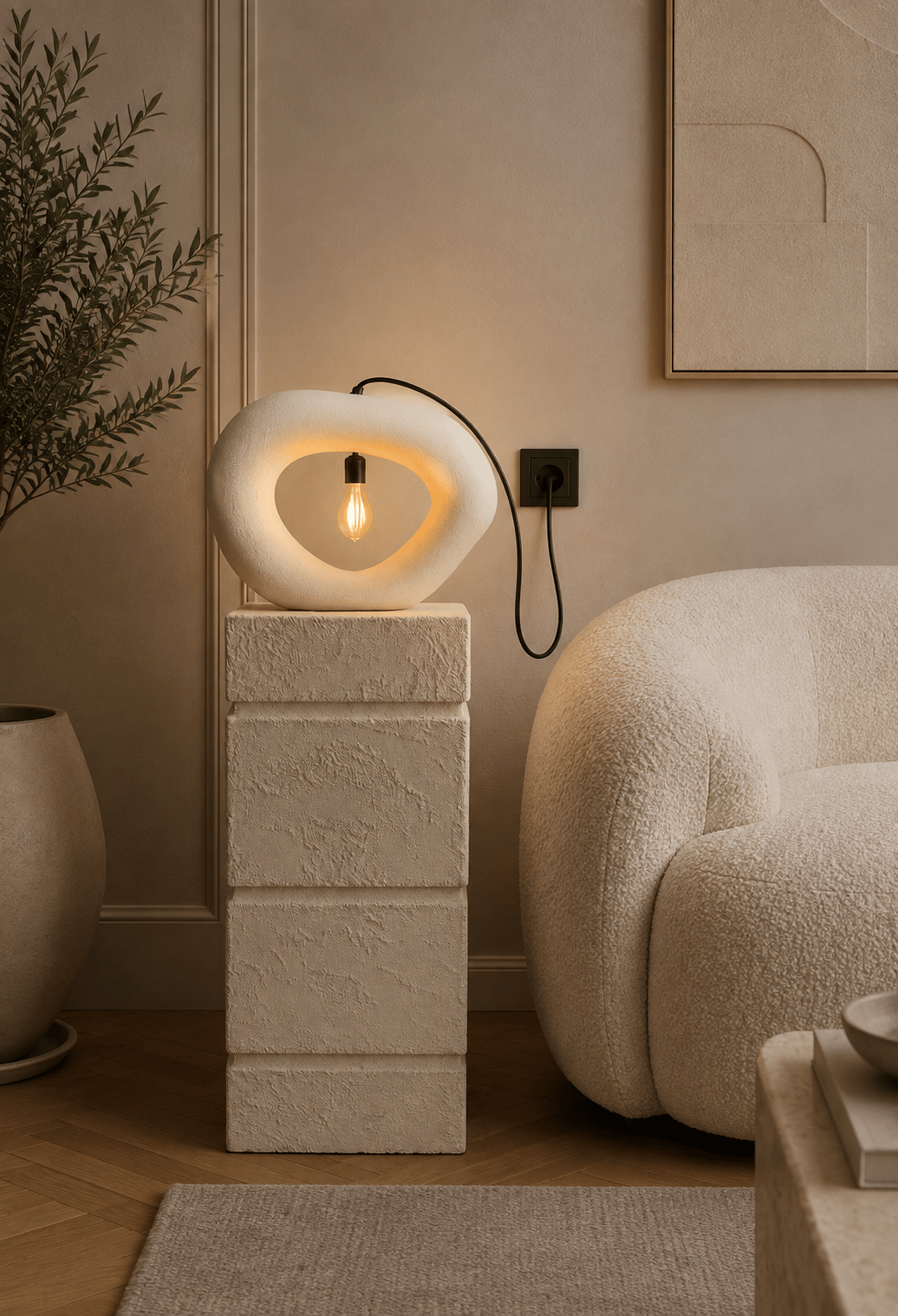 Fiber Beton Görünümlü Modern Abajur – Dekoratif Sehpa Üstü E14 Duy Elektrik Bağlantılı Masa Lambası