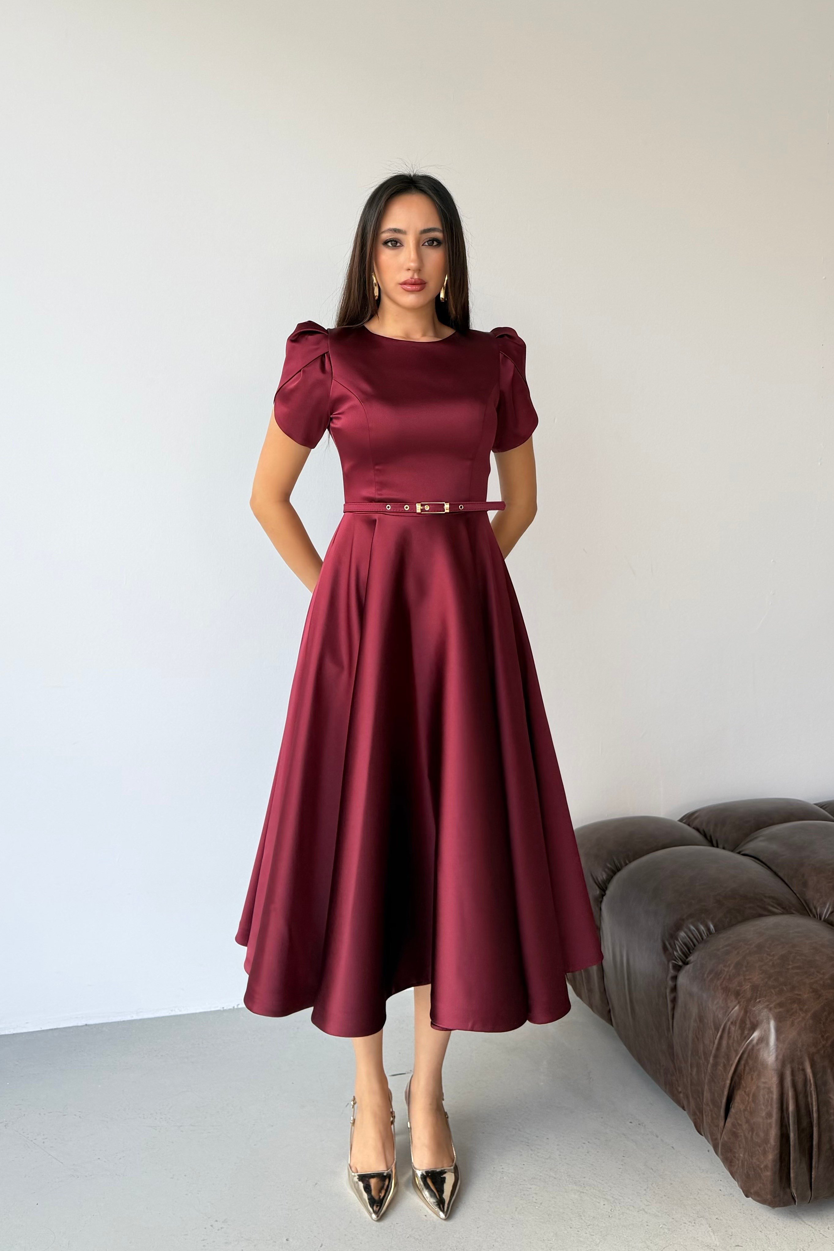 Bordo Balon Kol İnce Kemerli Midi Saten Abiye Elbise