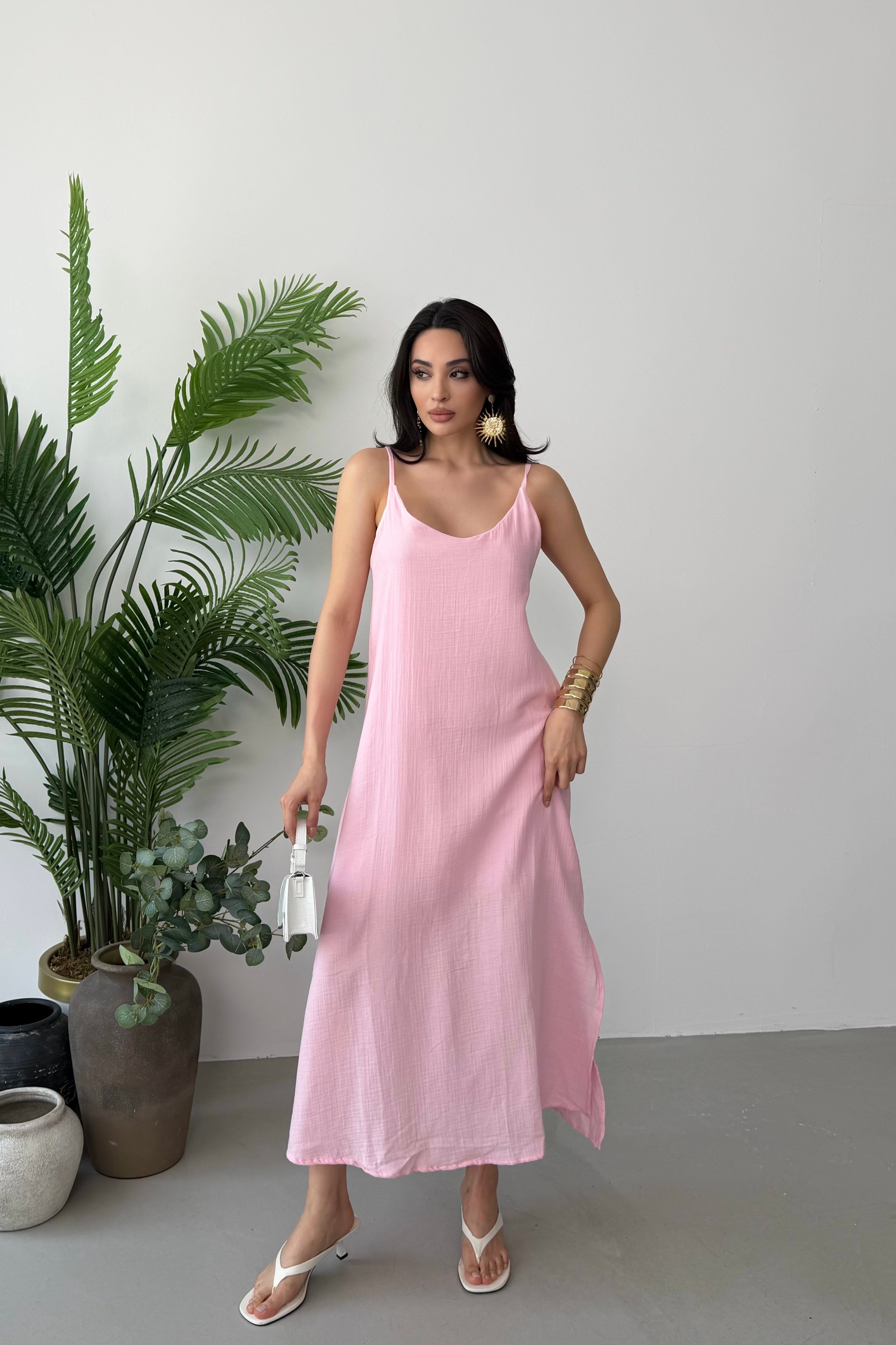 Pembe Ayarlanabilir İp Askılı Astarlı Müslin Elbise