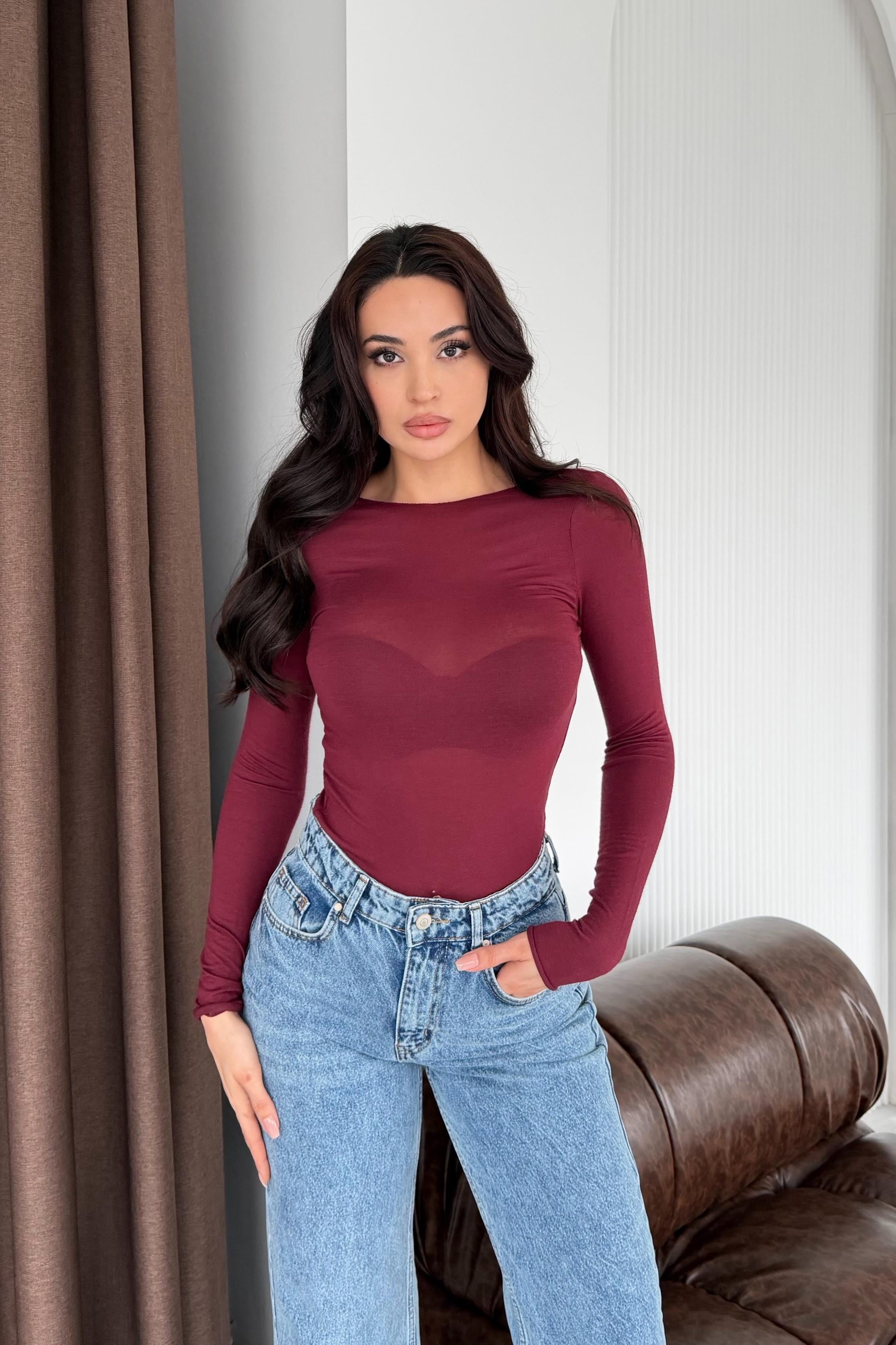 Bordo Kayık Yaka Ultra Hafif Transparan Bluz