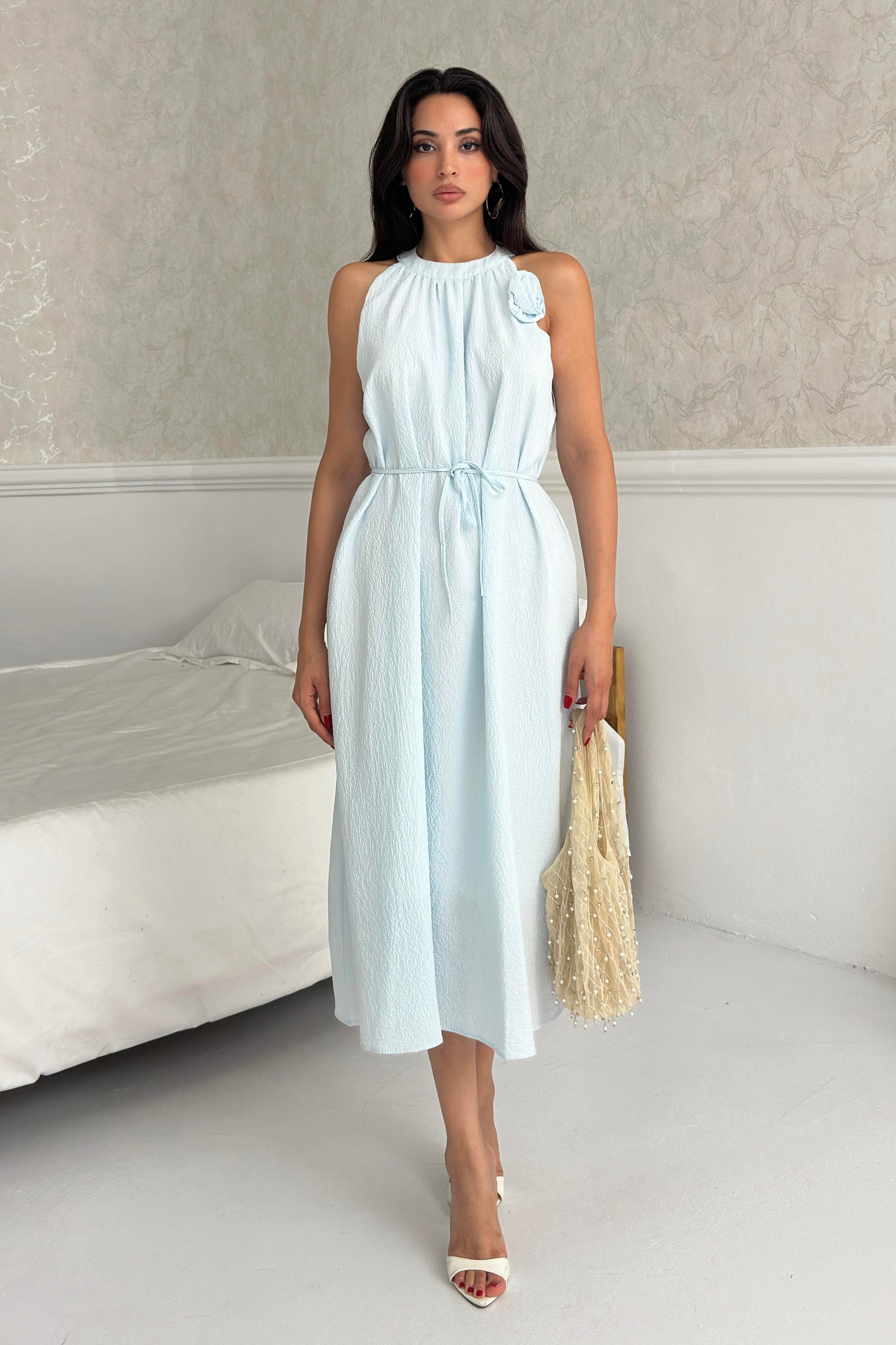 Açık Mavi Bisiklet Yaka Çiçek Detaylı Ebise