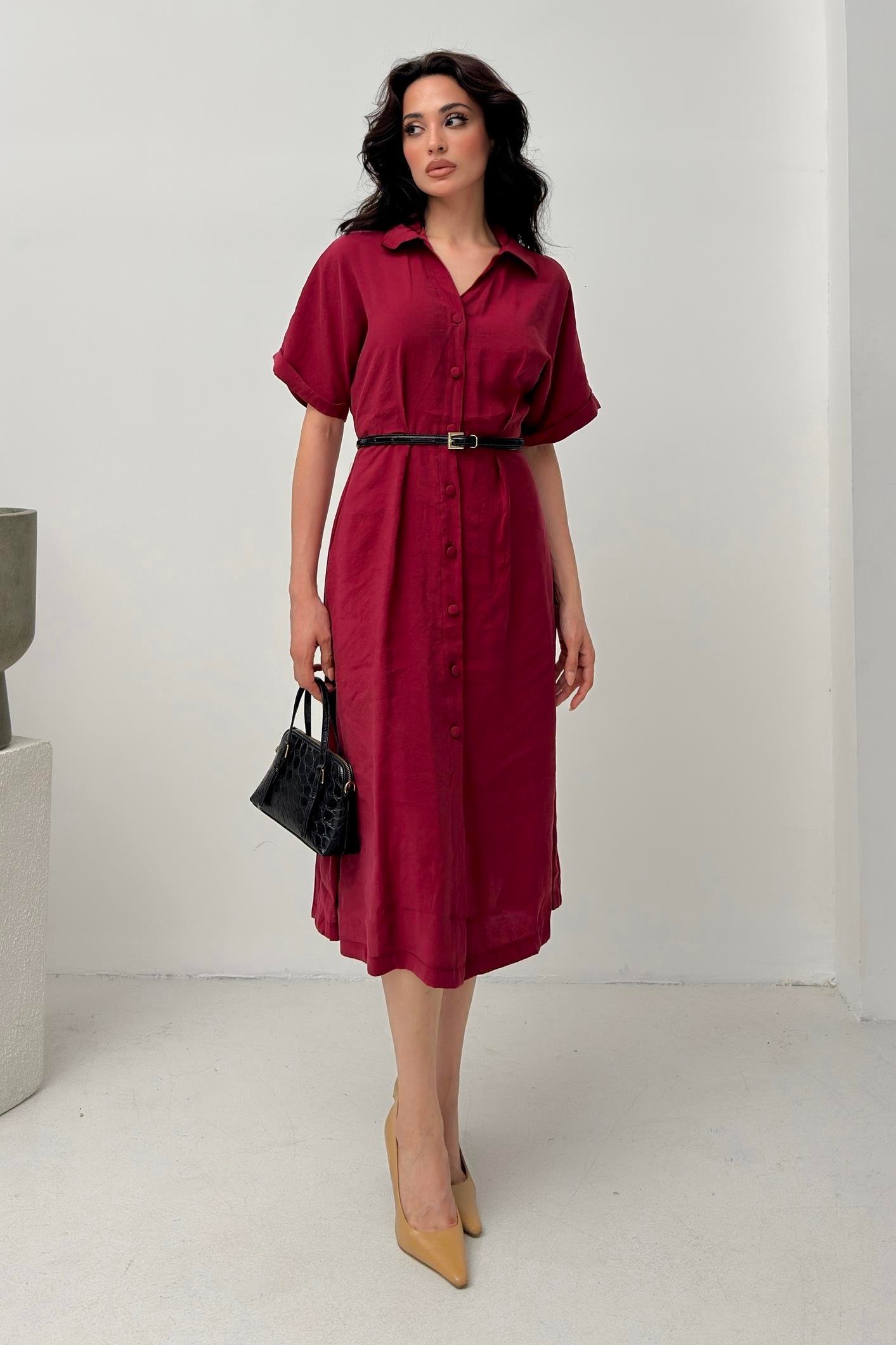 Bordo Kemer Detaylı Tencel Kumaş Gömlek Elbise 