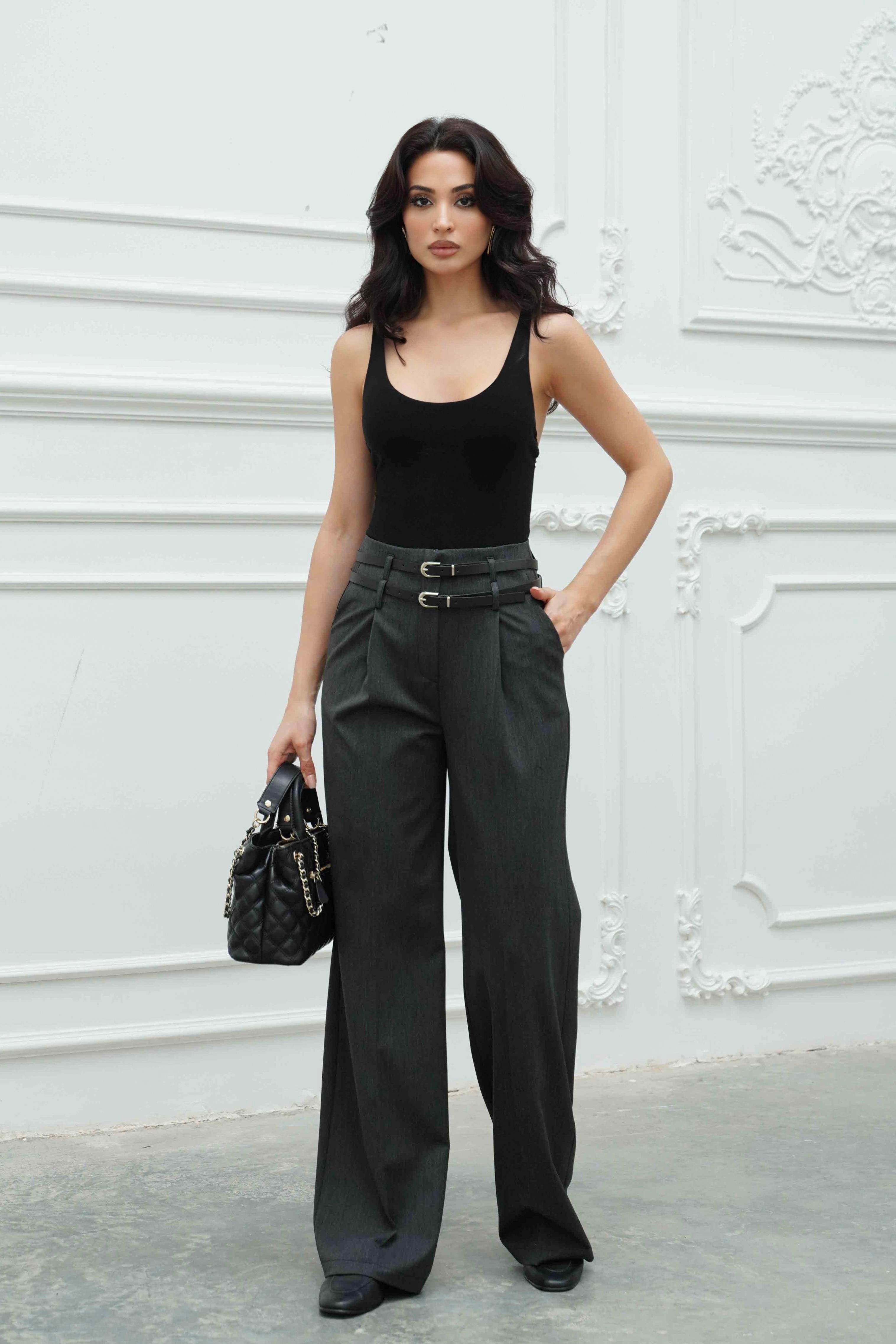 Antrasit Çift Kemerli Pileli Palazzo Pantolon