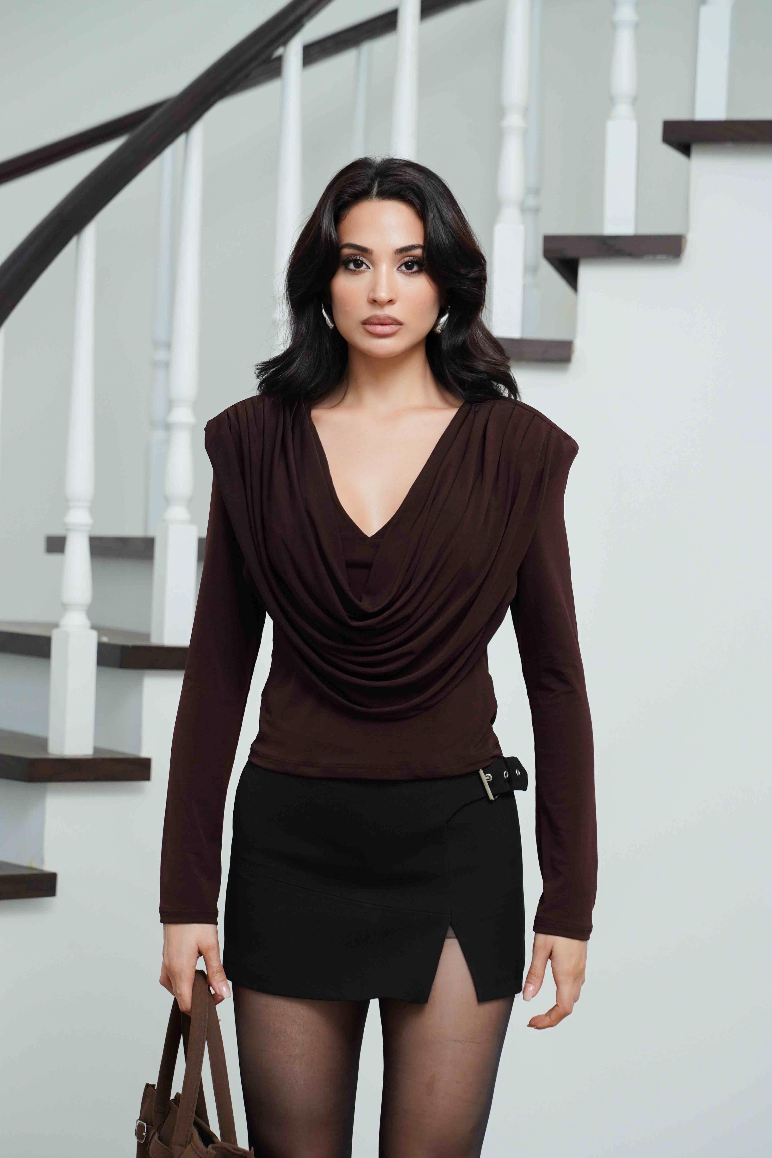 Kahve Degaje Yaka Uzun Kollu Bluz