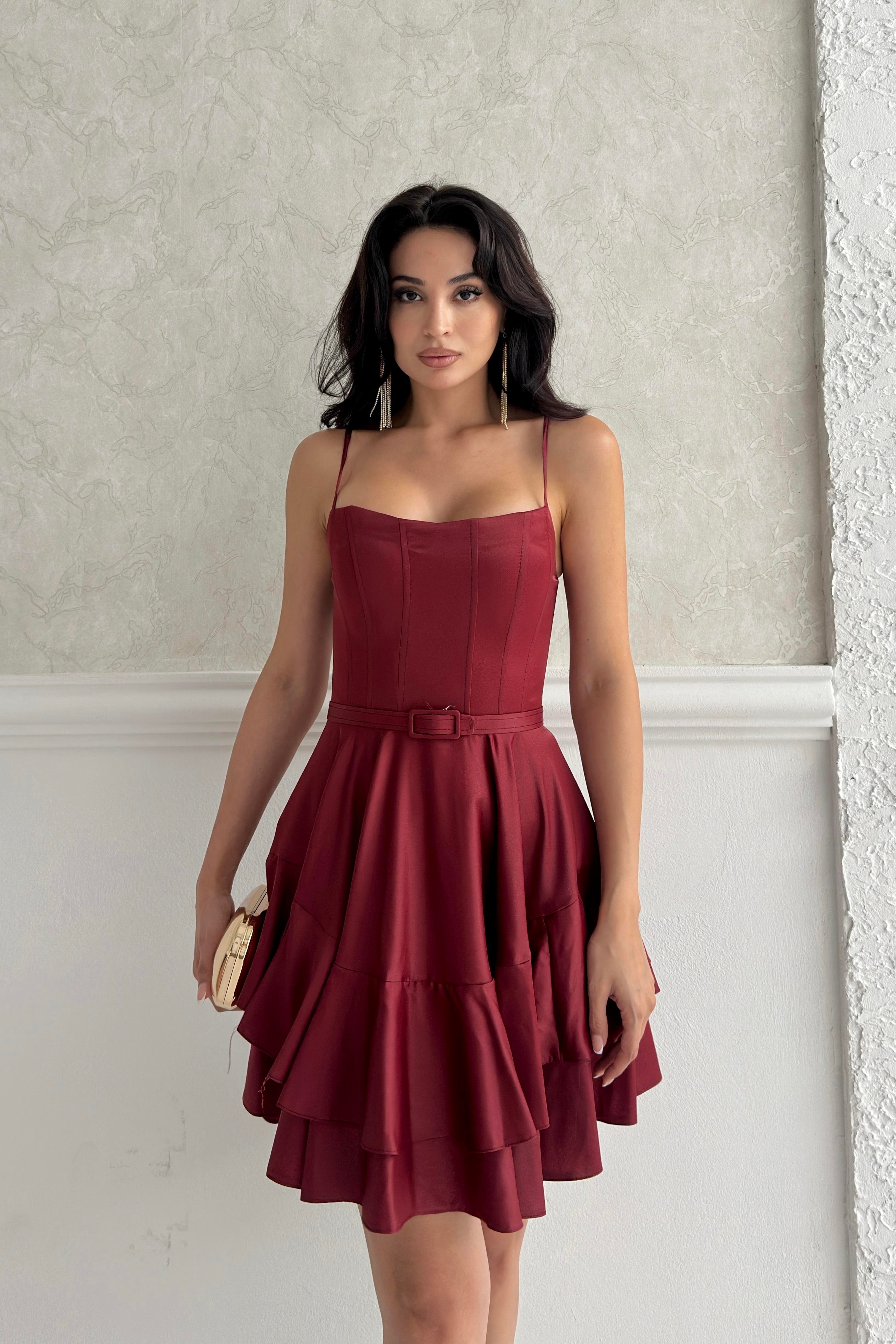 Bordo İnce Askılı Volanlı Kemer Detaylı Abiye Elbise	
