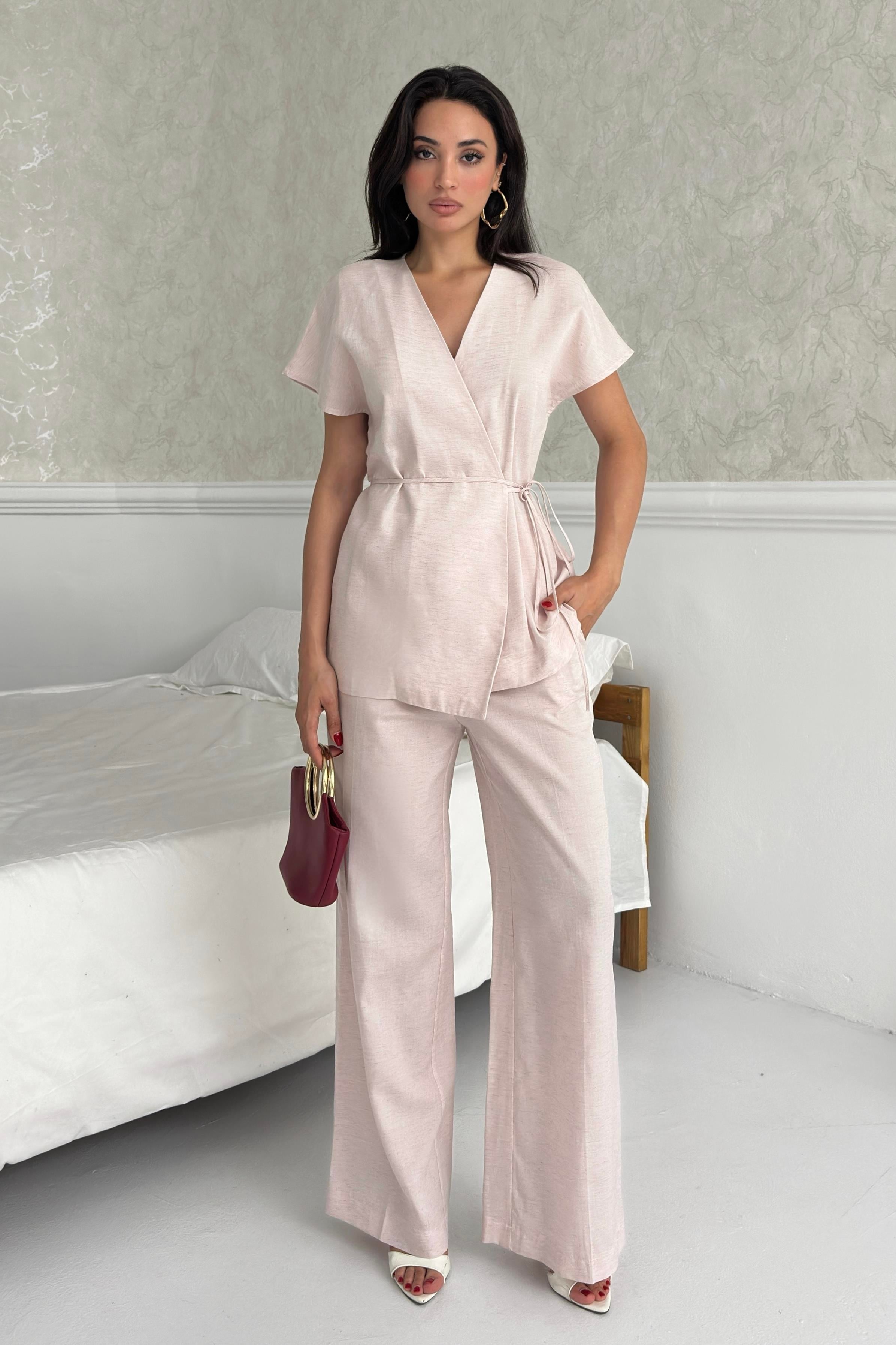 Açık Pembe Kruvaze Bluz  İspanyol Paça Pantolon Takım