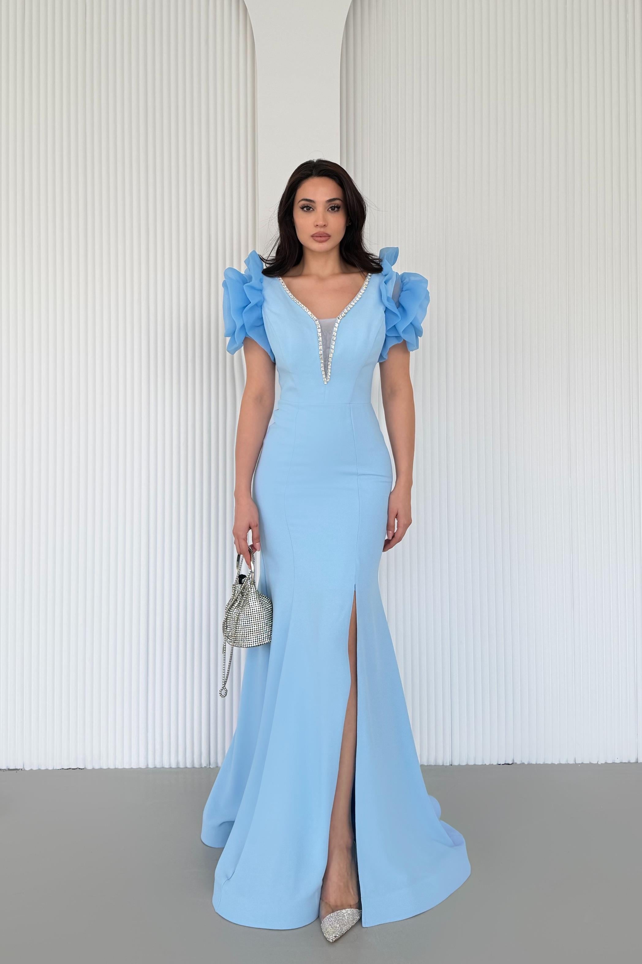 Bebe Mavi Omuz Detaylı V Yaka Taş İşlemeli Abiye Elbise