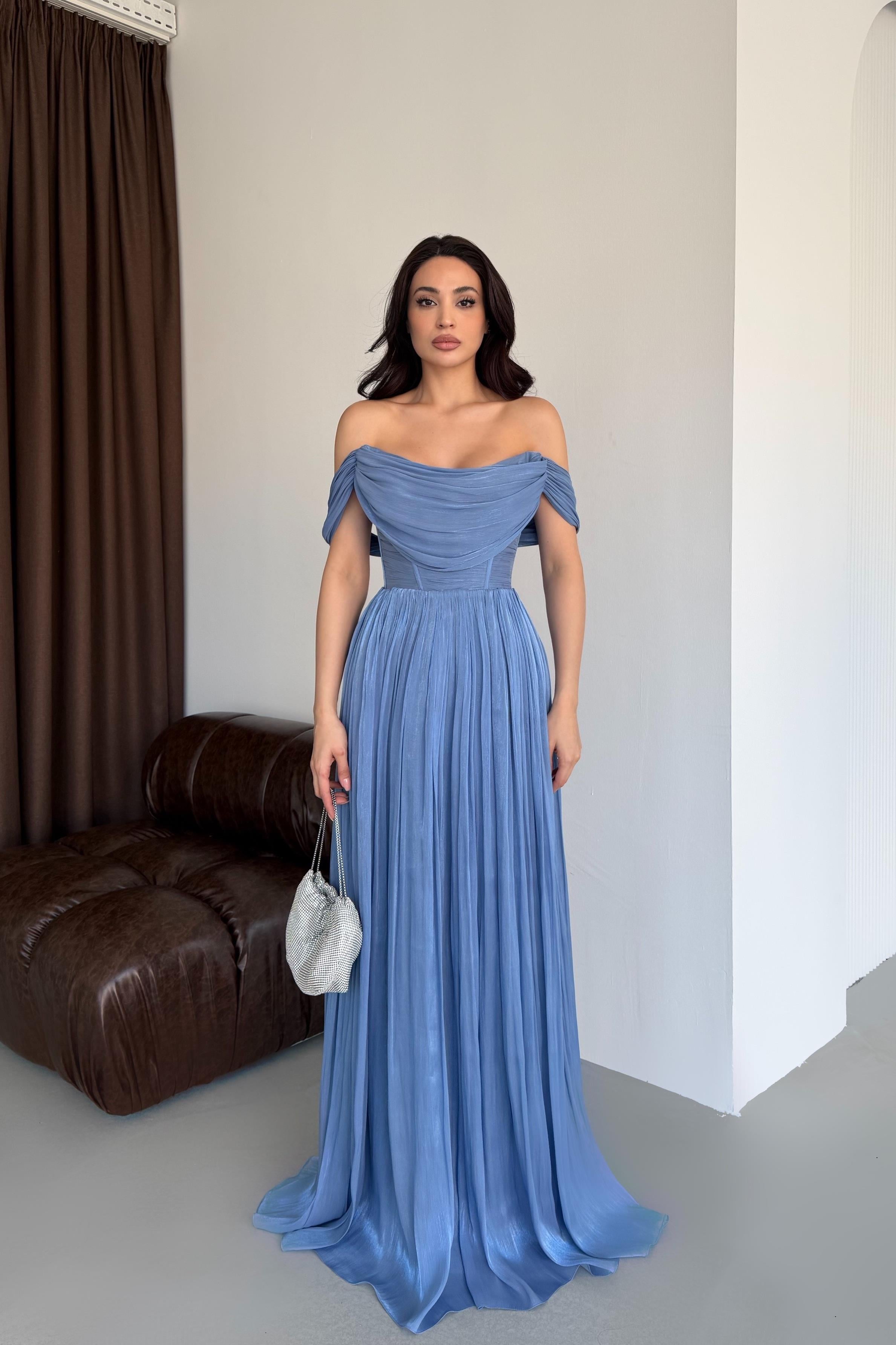 İndigo Kayık Yaka Pliseli Abiye Elbise