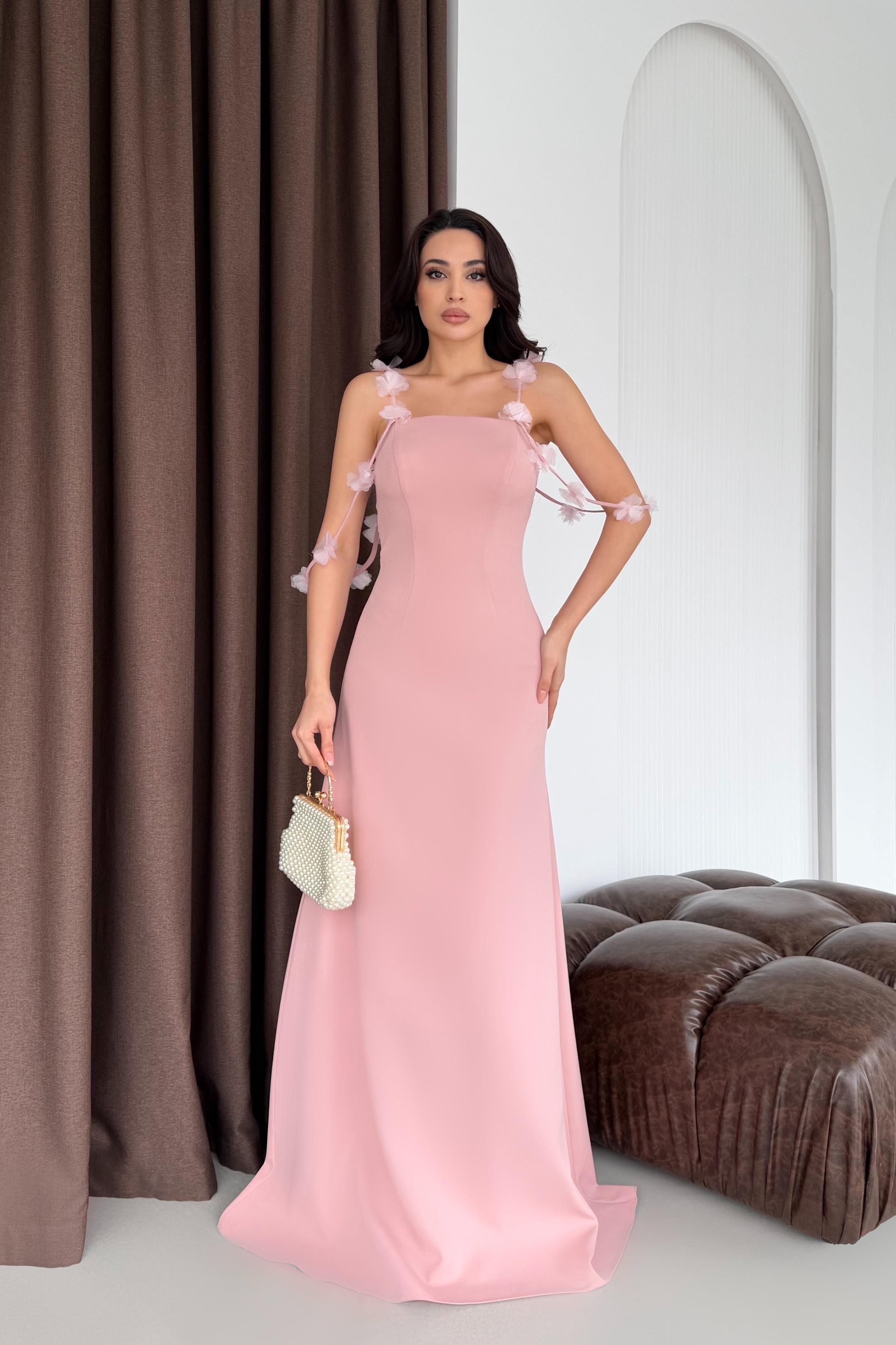 Pudra Askısı Çiçek Detaylı Uzun Abiye Elbise