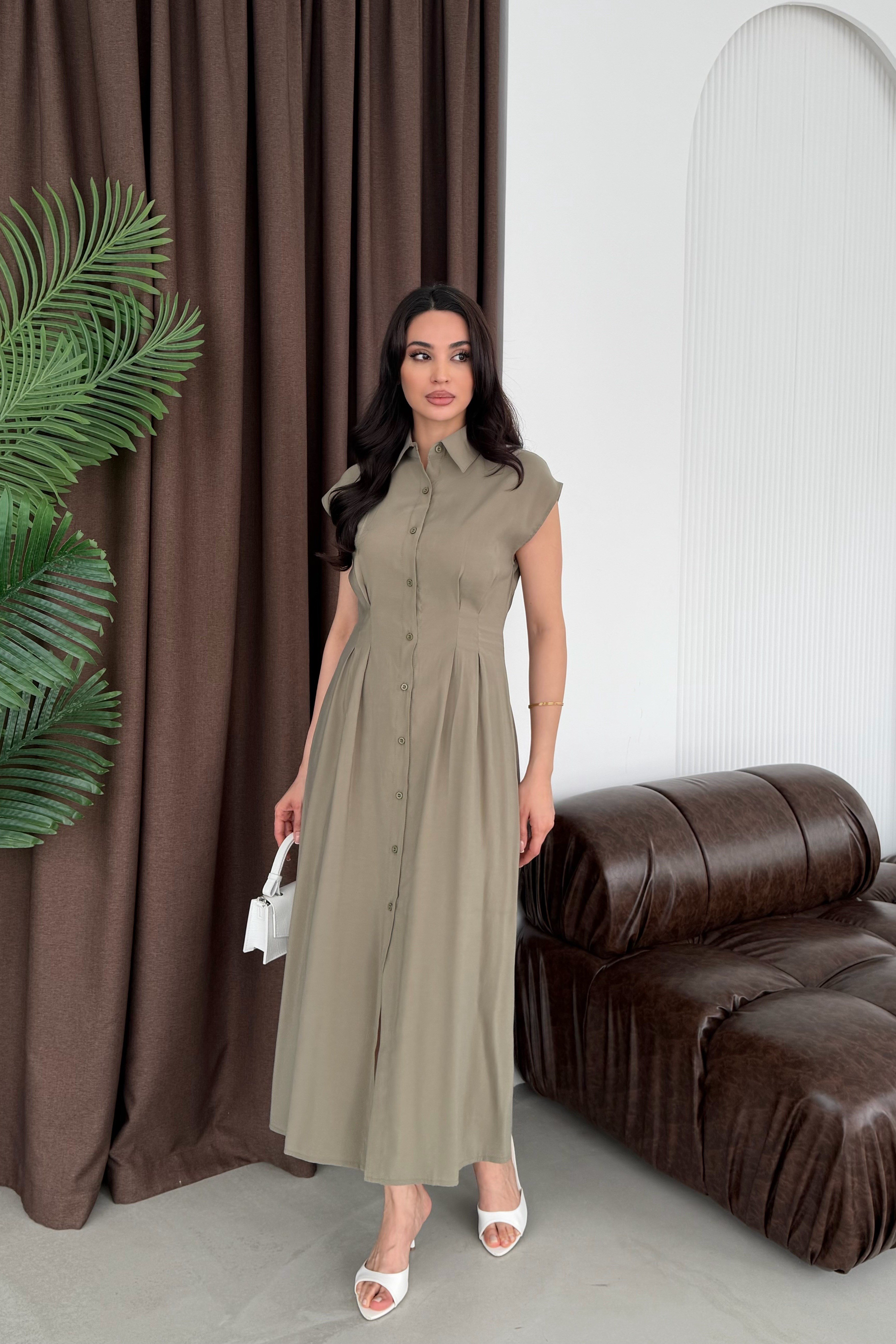 Haki Gömlek Yaka Düğmeli Pileli Tencel Kumaş Midi Elbise